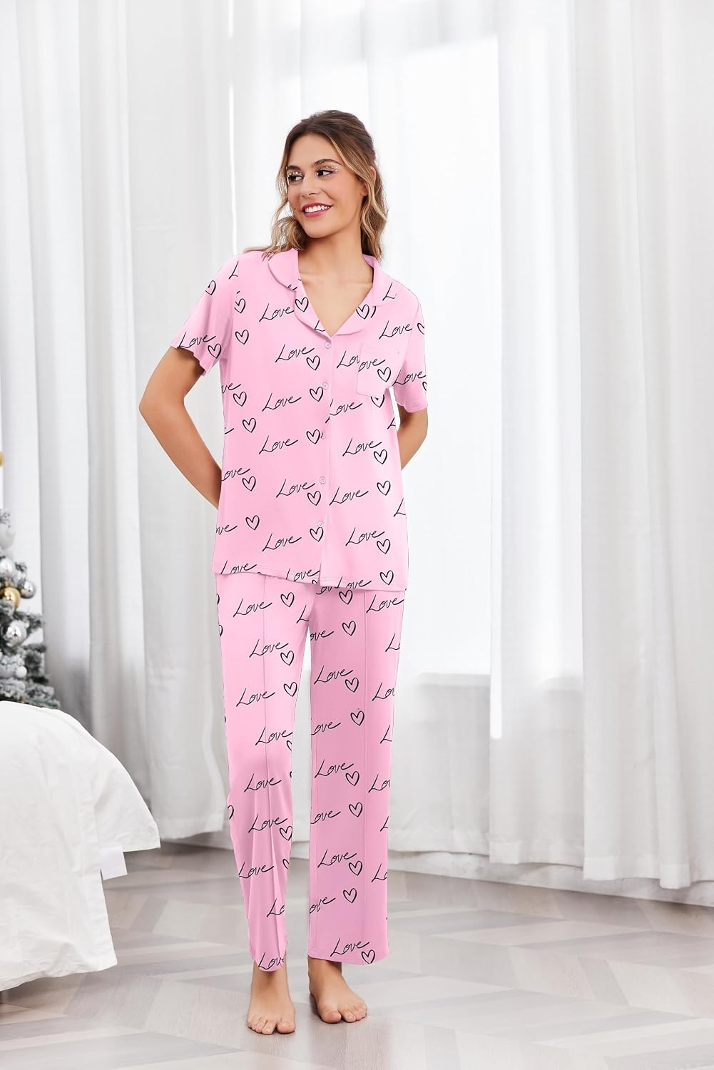 image:imageEkouaer Pajamas for Women Set Button Up Sleepswear 2 Piece Short Sleeve PJ Top and Long Pants Loungwear With Pocket SXXLLove
