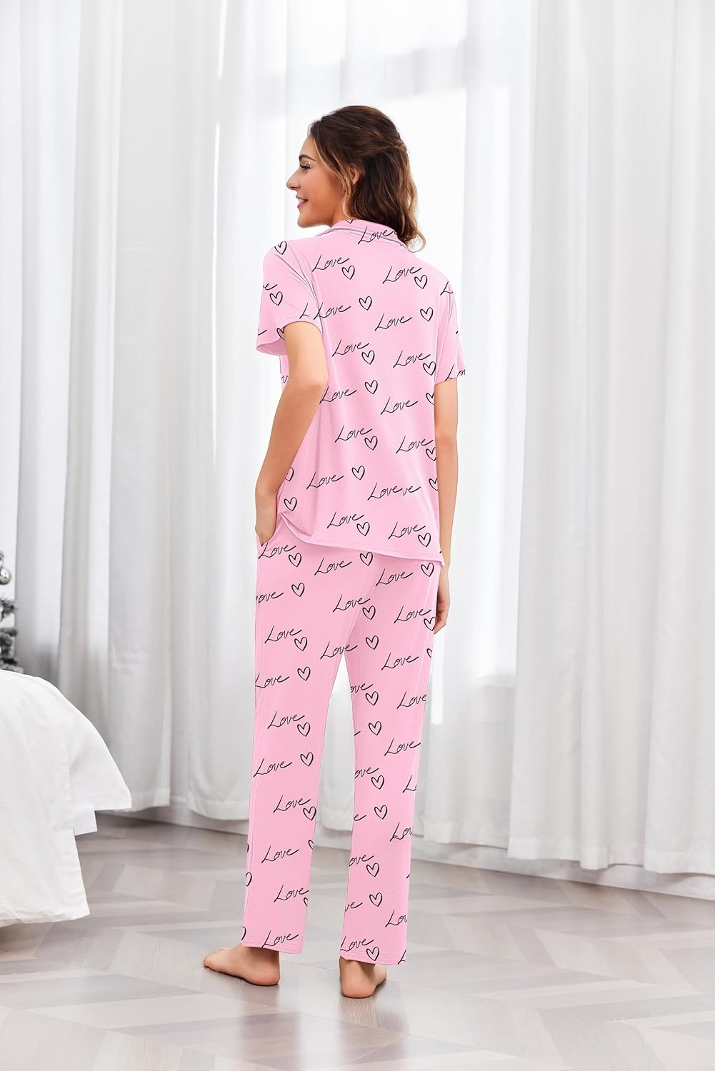 image:imageEkouaer Pajamas for Women Set Button Up Sleepswear 2 Piece Short Sleeve PJ Top and Long Pants Loungwear With Pocket SXXLLove