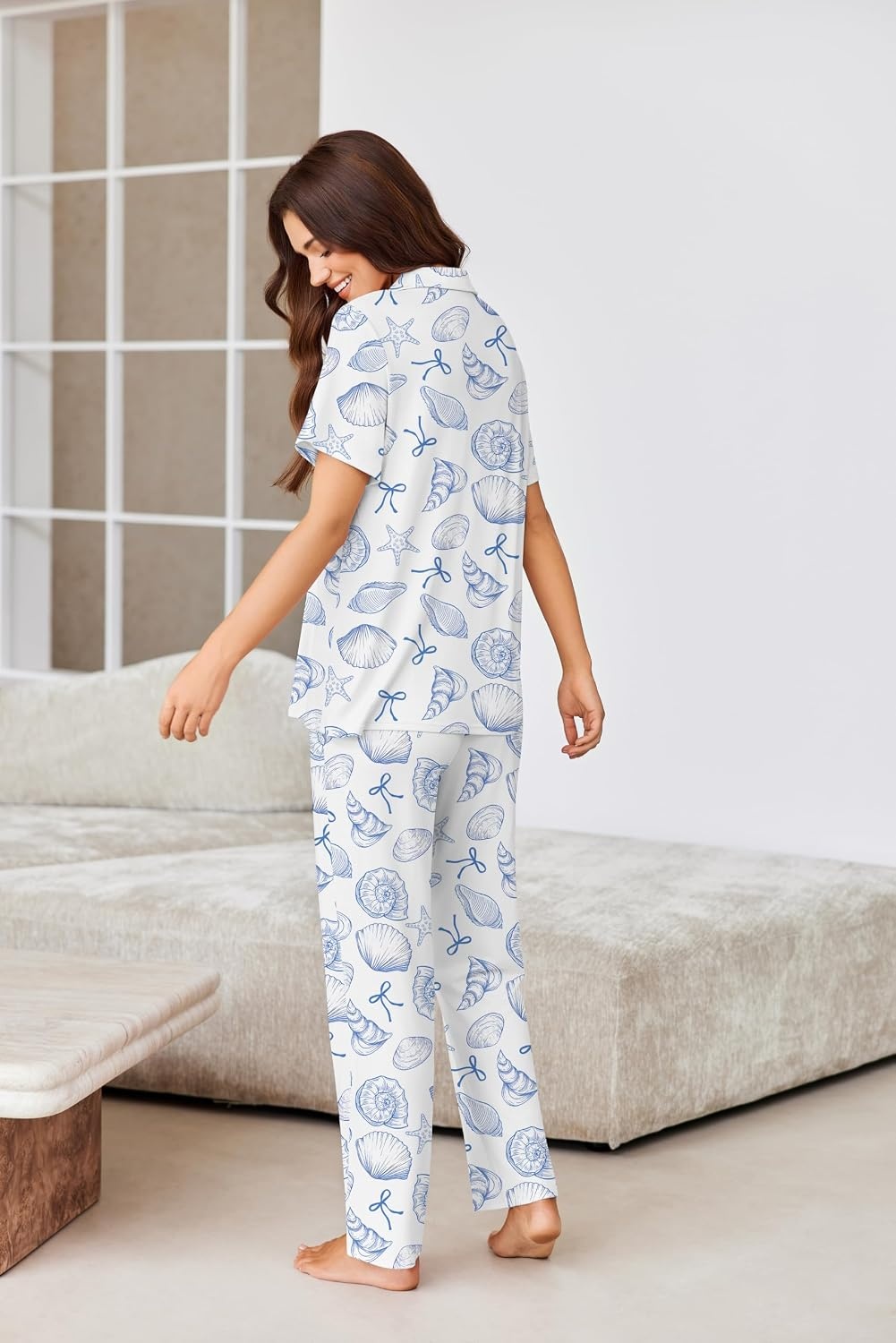 image:imageEkouaer Pajamas for Women Set Button Up Sleepswear 2 Piece Short Sleeve PJ Top and Long Pants Loungwear With Pocket SXXLShell World