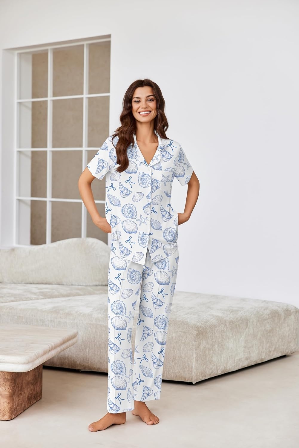 image:imageEkouaer Pajamas for Women Set Button Up Sleepswear 2 Piece Short Sleeve PJ Top and Long Pants Loungwear With Pocket SXXLShell World