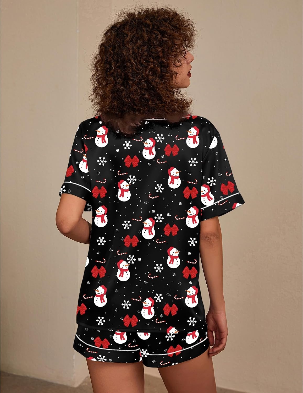 image:imageEkouaer Silk Pajama for Women Short Sleeve Satin Pj Set Two Piece Soft Sleepwear Loungewear SXXLBlack Snowman