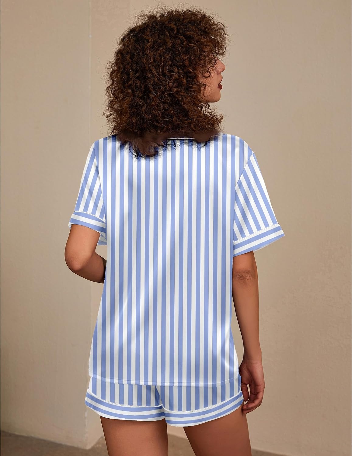 image:imageEkouaer Silk Pajama for Women Short Sleeve Satin Pj Set Two Piece Soft Sleepwear Loungewear SXXLBluewhite Stripes