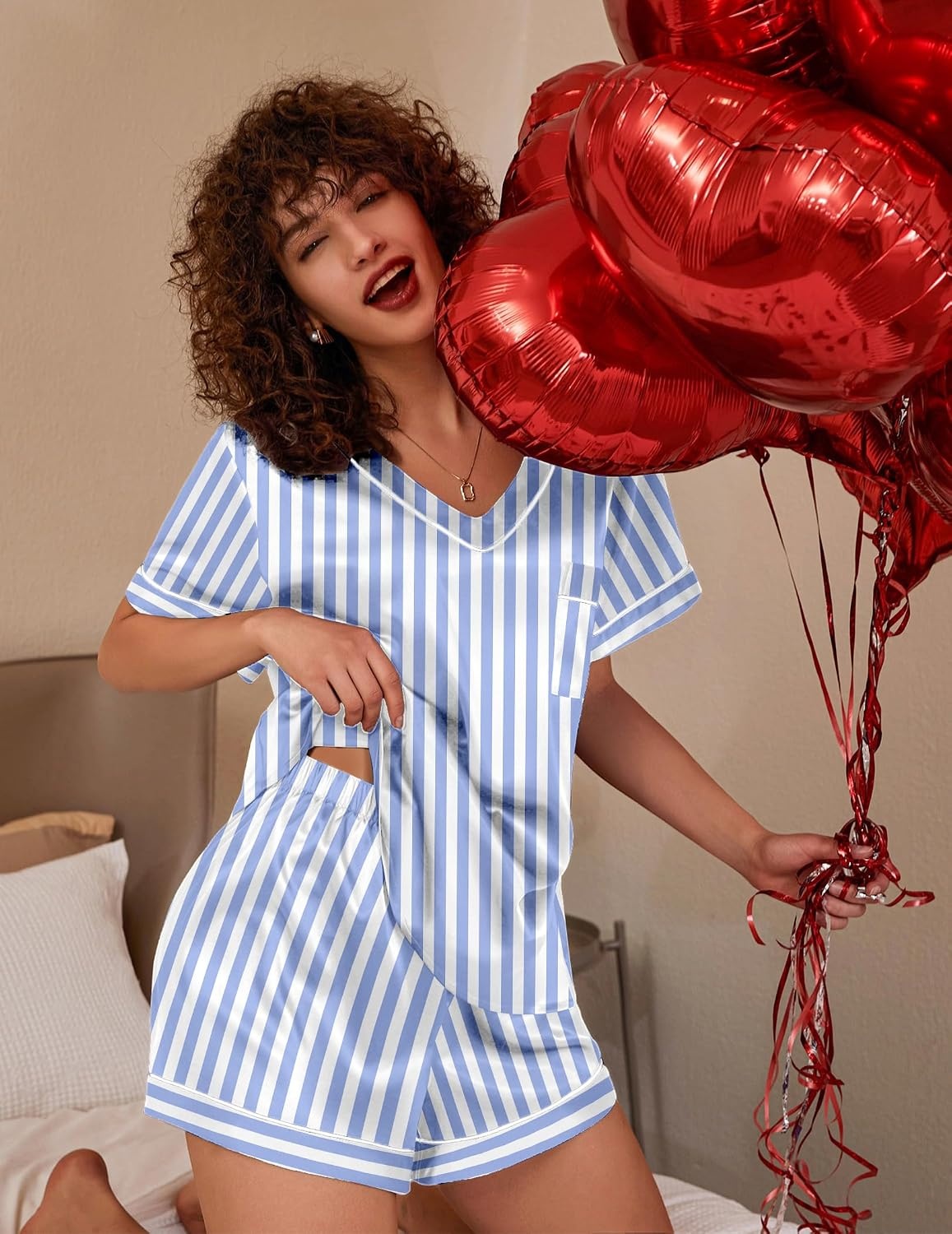 image:imageEkouaer Silk Pajama for Women Short Sleeve Satin Pj Set Two Piece Soft Sleepwear Loungewear SXXLBluewhite Stripes