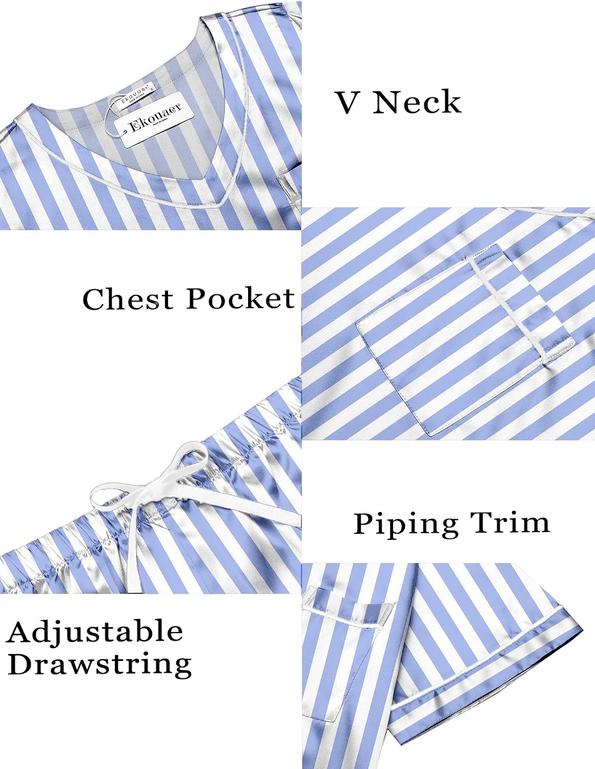 image:imageEkouaer Silk Pajama for Women Short Sleeve Satin Pj Set Two Piece Soft Sleepwear Loungewear SXXLBluewhite Stripes