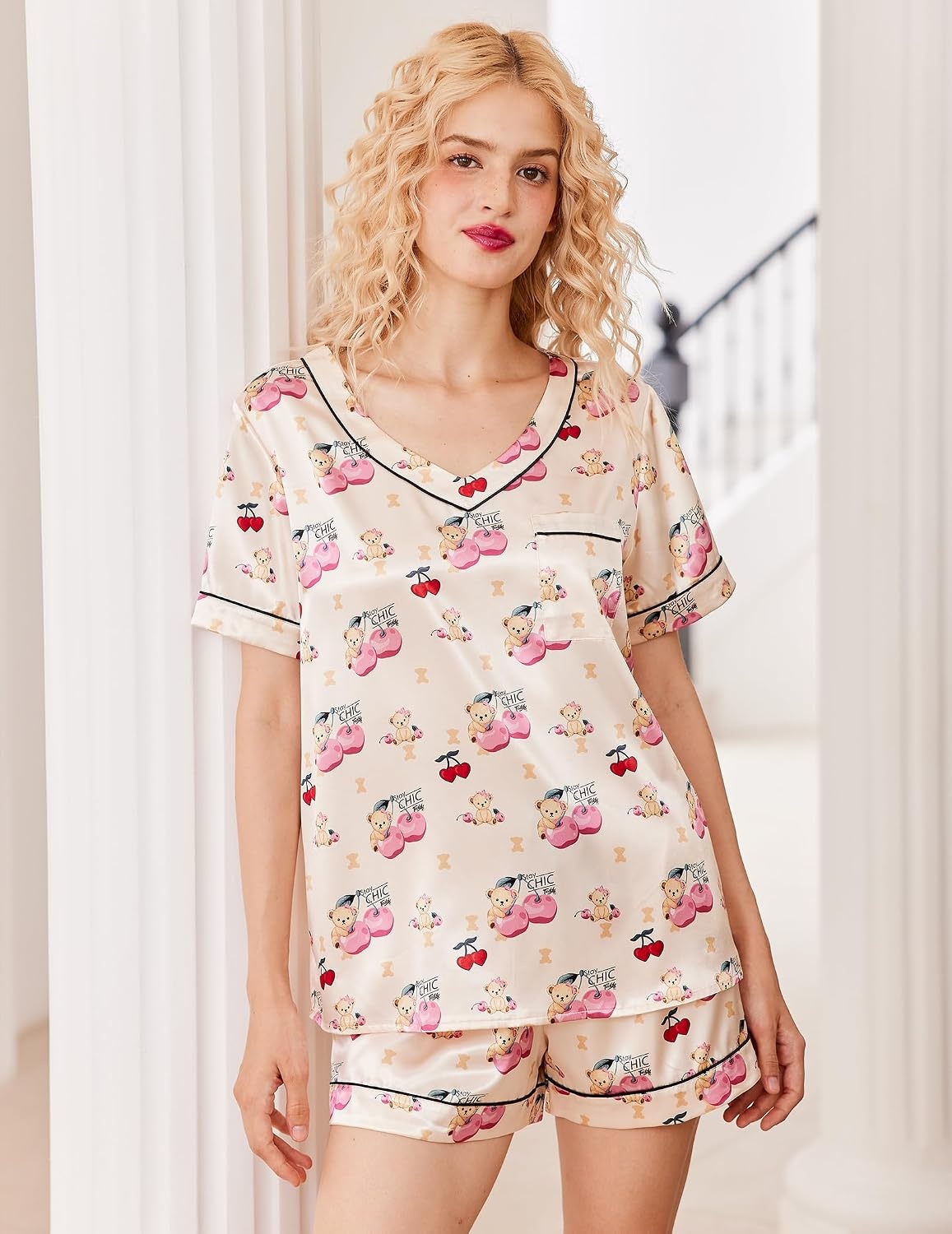 image:imageEkouaer Silk Pajama for Women Short Sleeve Satin Pj Set Two Piece Soft Sleepwear Loungewear SXXLChampagne Teddy