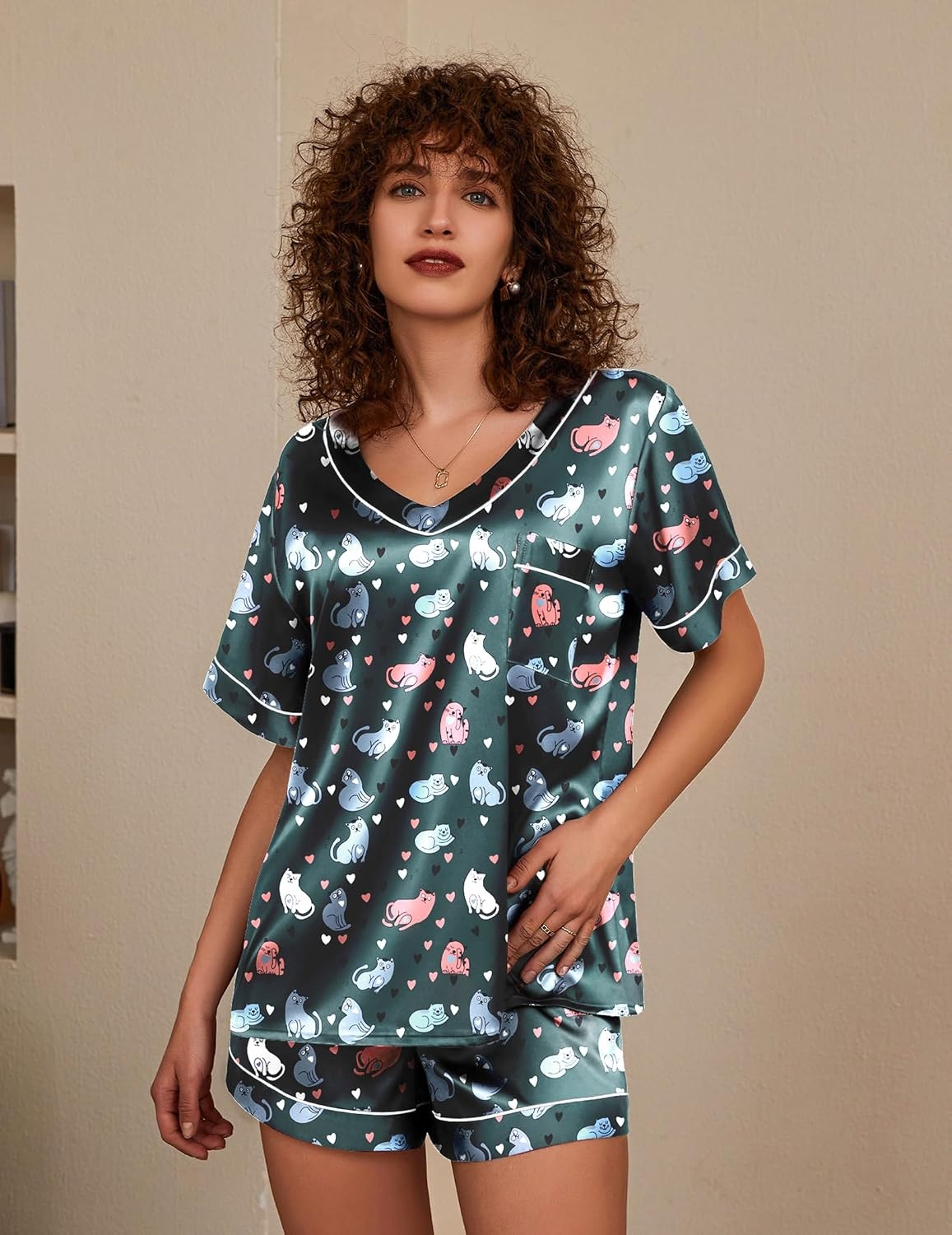 image:imageEkouaer Silk Pajama for Women Short Sleeve Satin Pj Set Two Piece Soft Sleepwear Loungewear SXXLDark Blue Cat Heart