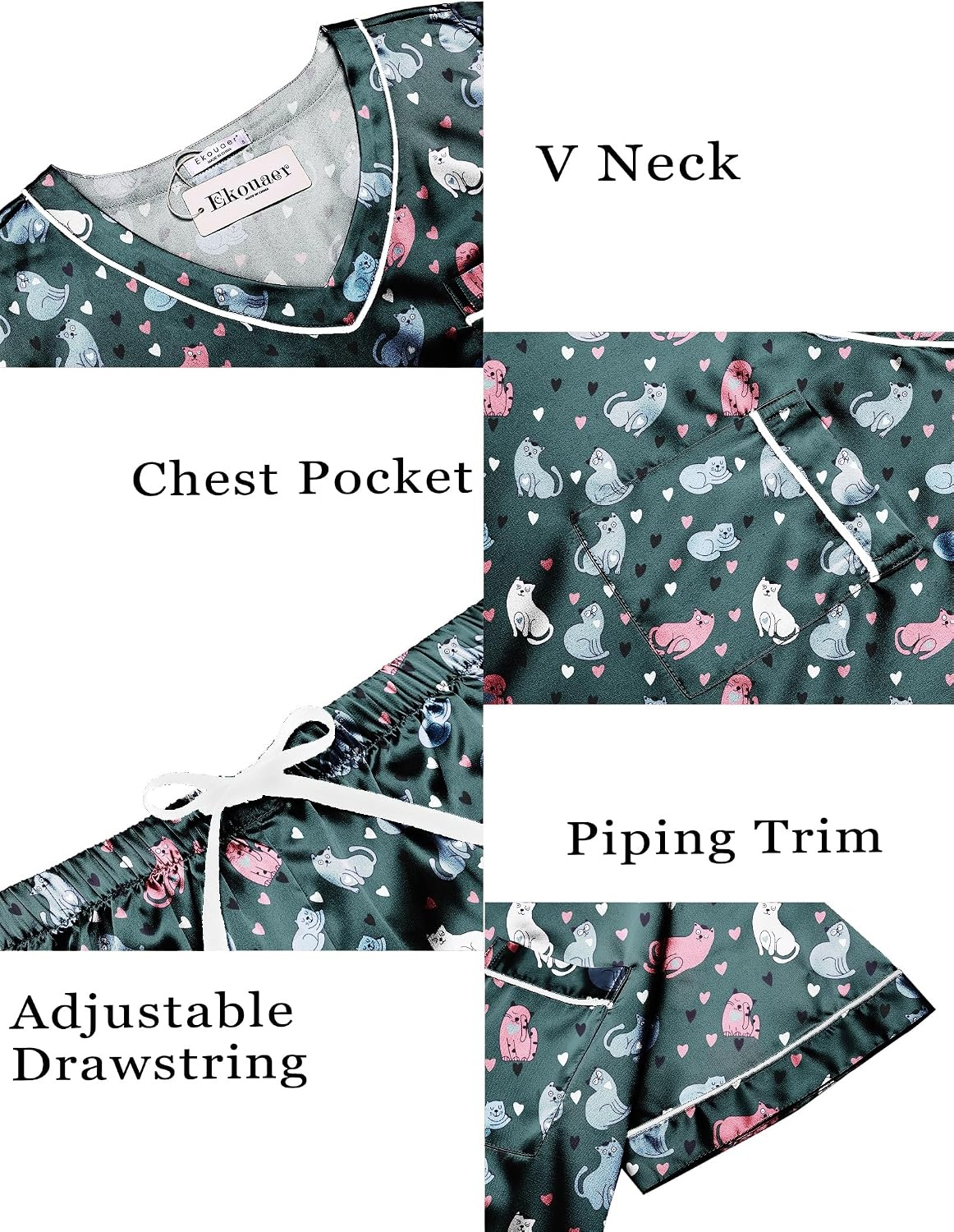 image:imageEkouaer Silk Pajama for Women Short Sleeve Satin Pj Set Two Piece Soft Sleepwear Loungewear SXXLDark Blue Cat Heart