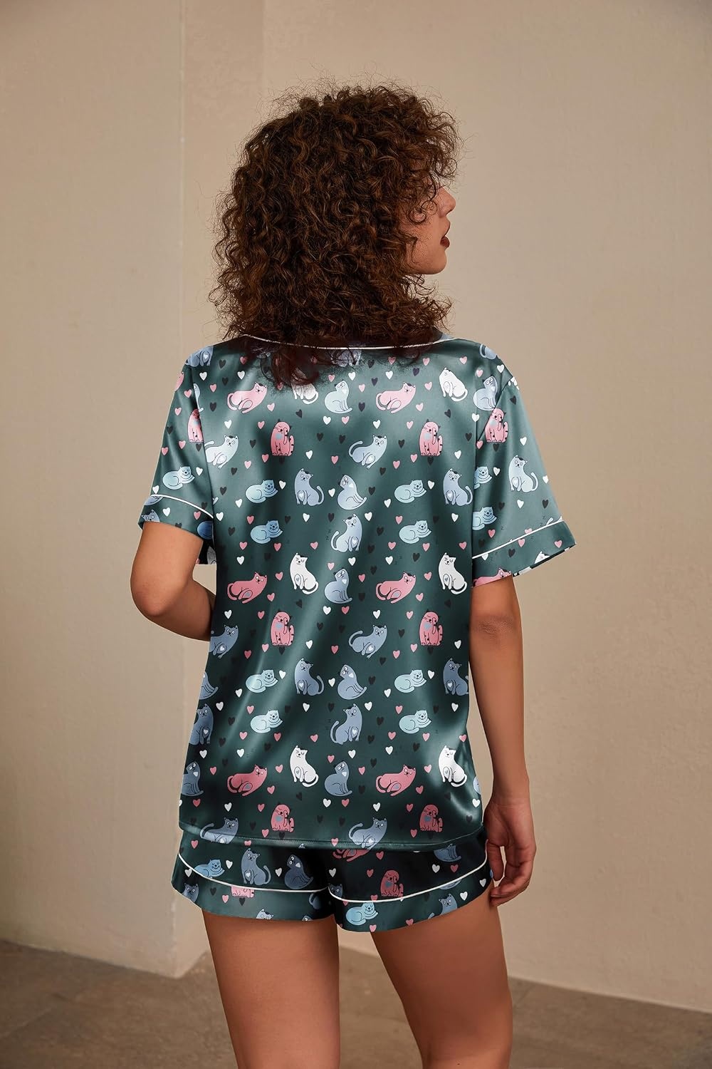 image:imageEkouaer Silk Pajama for Women Short Sleeve Satin Pj Set Two Piece Soft Sleepwear Loungewear SXXLDark Blue Cat Heart