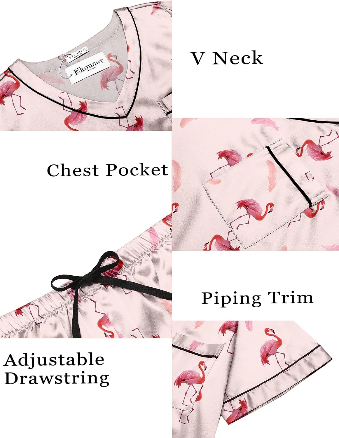 image:imageEkouaer Silk Pajama for Women Short Sleeve Satin Pj Set Two Piece Soft Sleepwear Loungewear SXXLFlamingo
