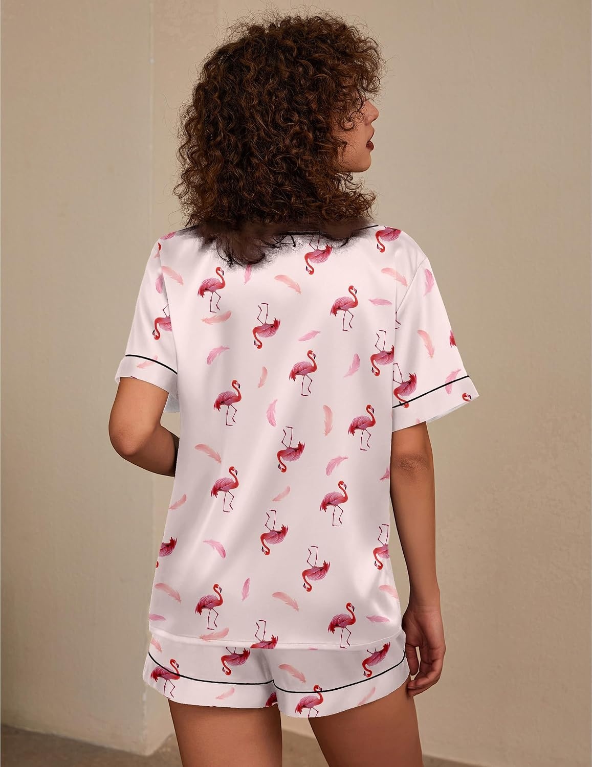 image:imageEkouaer Silk Pajama for Women Short Sleeve Satin Pj Set Two Piece Soft Sleepwear Loungewear SXXLFlamingo