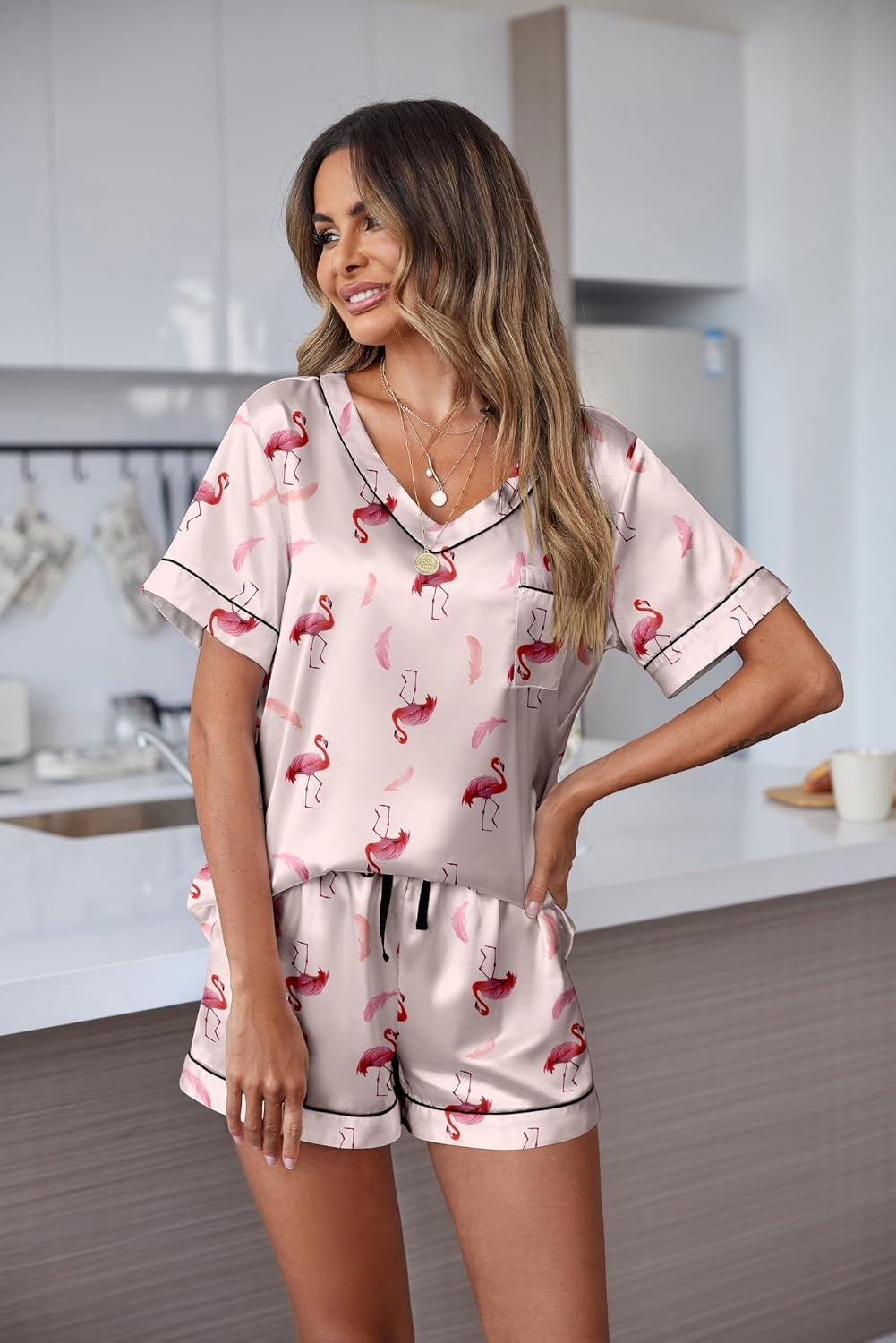 image:imageEkouaer Silk Pajama for Women Short Sleeve Satin Pj Set Two Piece Soft Sleepwear Loungewear SXXLFlamingo