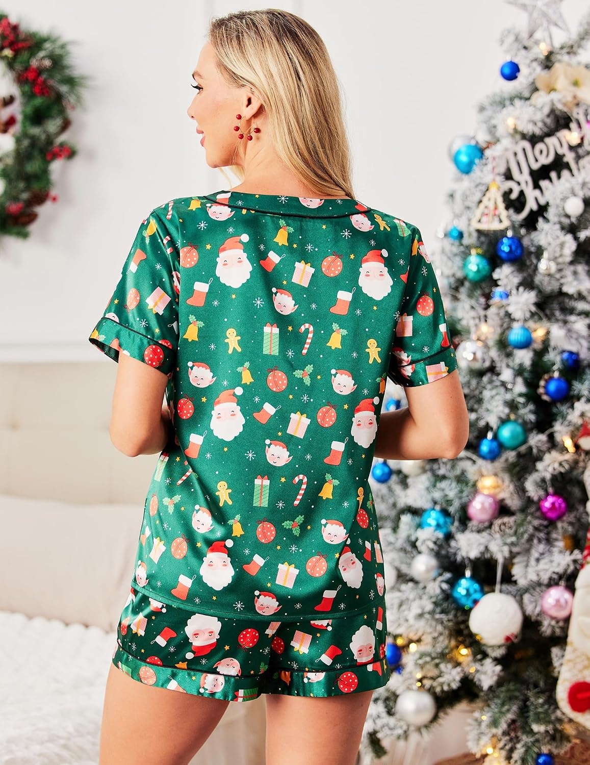 image:imageEkouaer Silk Pajama for Women Short Sleeve Satin Pj Set Two Piece Soft Sleepwear Loungewear SXXLGreen Santa Claus