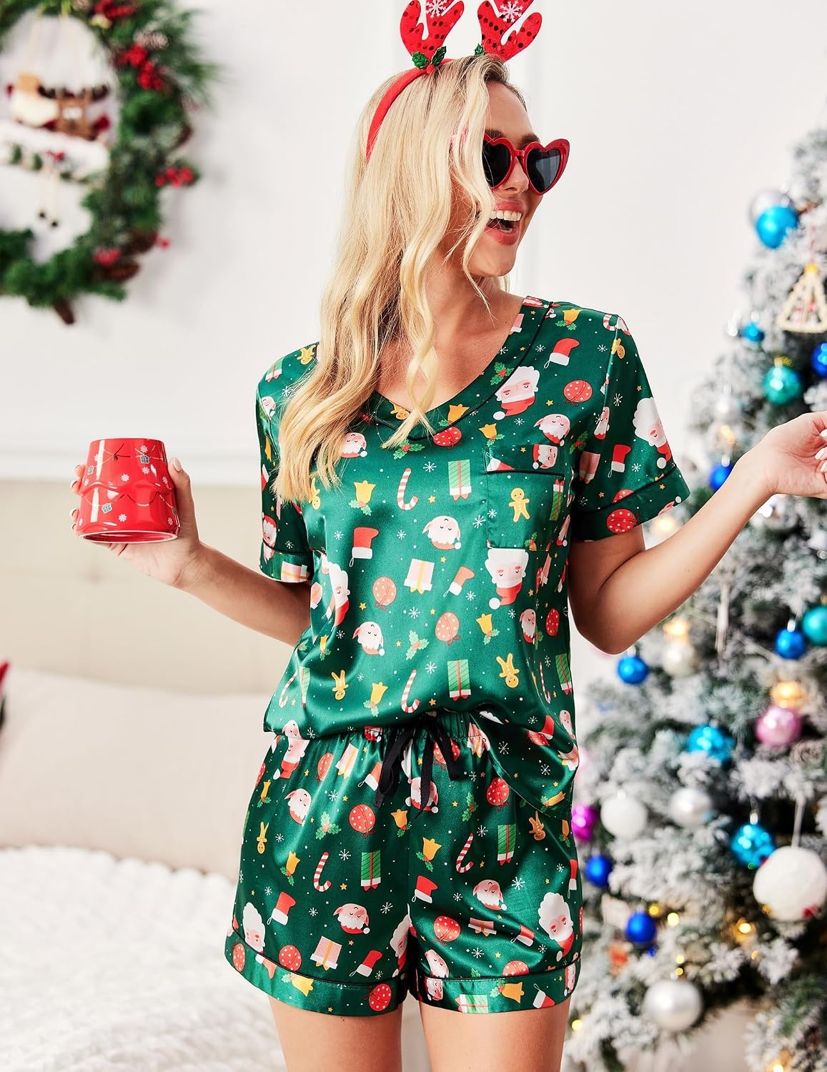 image:imageEkouaer Silk Pajama for Women Short Sleeve Satin Pj Set Two Piece Soft Sleepwear Loungewear SXXLGreen Santa Claus