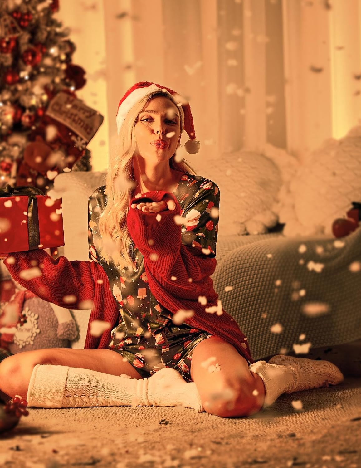 image:imageEkouaer Silk Pajama for Women Short Sleeve Satin Pj Set Two Piece Soft Sleepwear Loungewear SXXLGreen Santa Claus