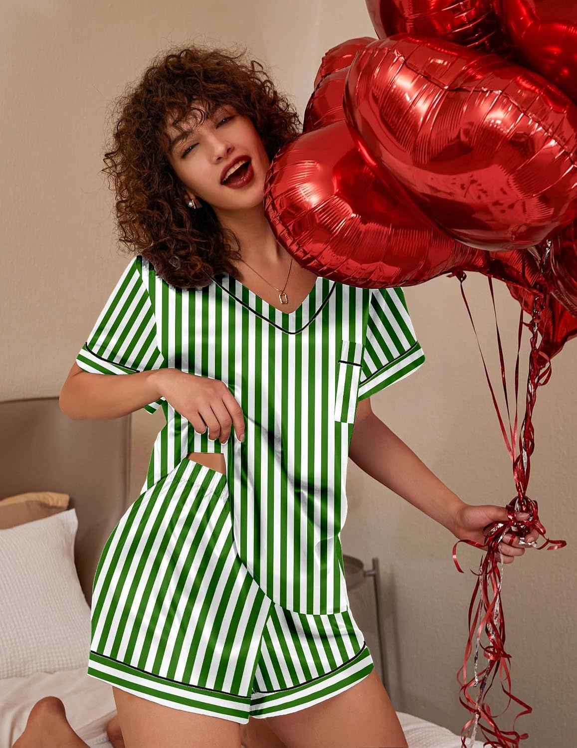 image:imageEkouaer Silk Pajama for Women Short Sleeve Satin Pj Set Two Piece Soft Sleepwear Loungewear SXXLGreenwhite Stripes