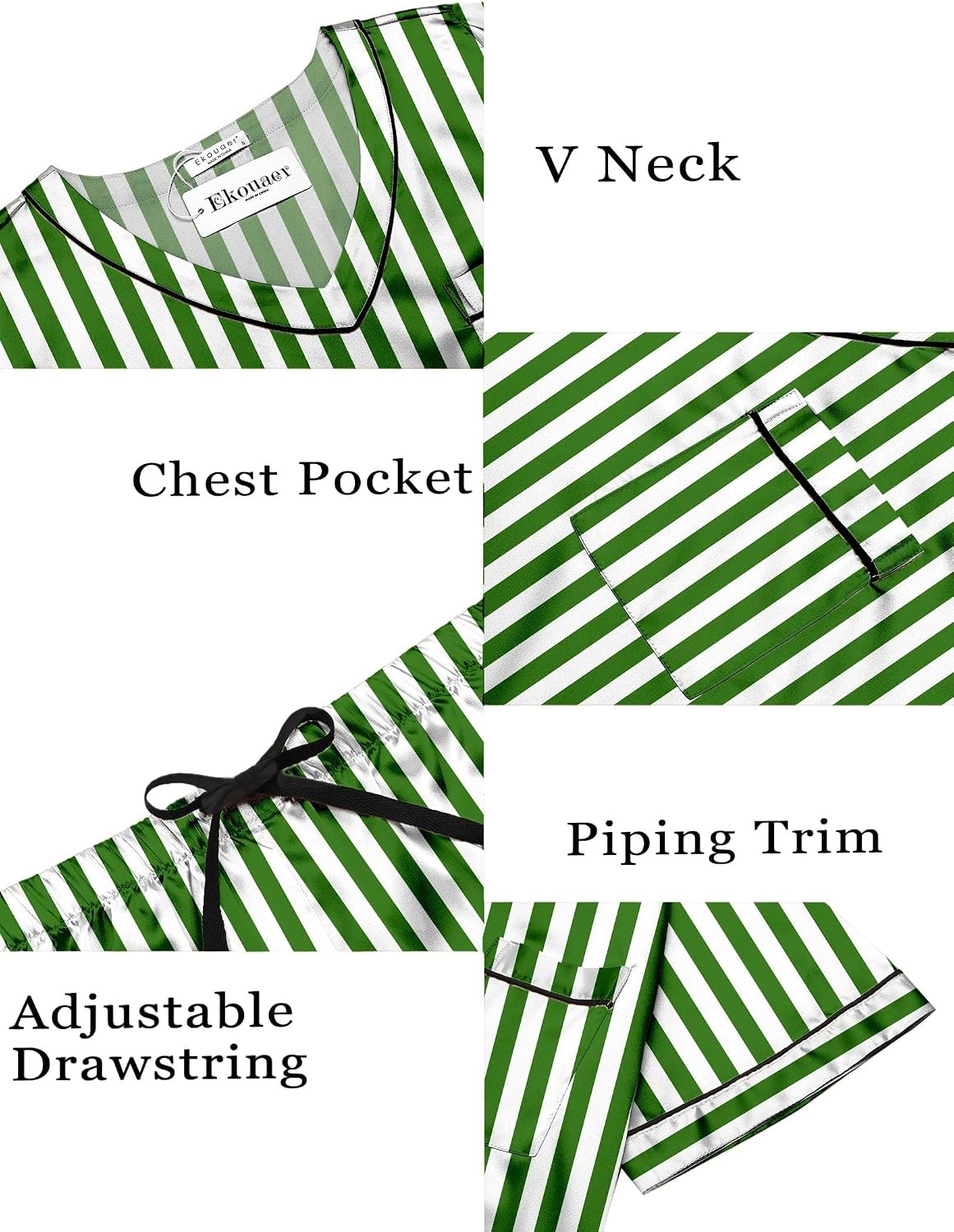image:imageEkouaer Silk Pajama for Women Short Sleeve Satin Pj Set Two Piece Soft Sleepwear Loungewear SXXLGreenwhite Stripes