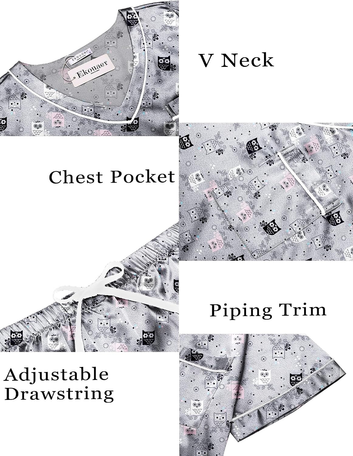 image:imageEkouaer Silk Pajama for Women Short Sleeve Satin Pj Set Two Piece Soft Sleepwear Loungewear SXXLGrey Owl