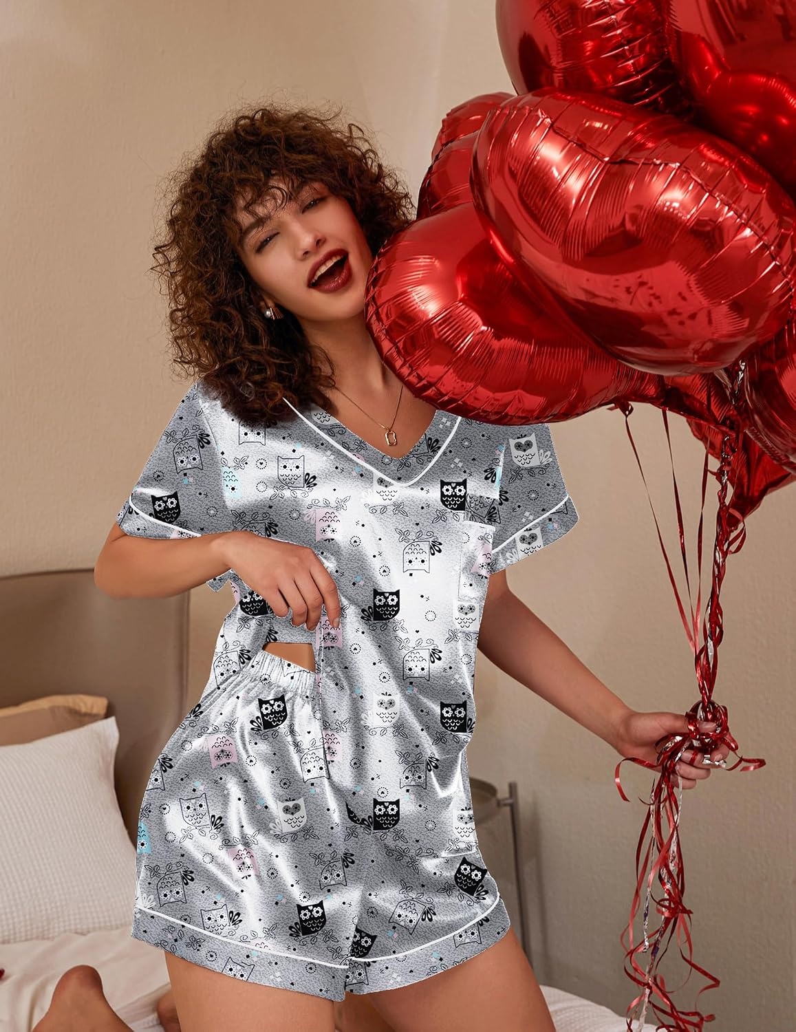 image:imageEkouaer Silk Pajama for Women Short Sleeve Satin Pj Set Two Piece Soft Sleepwear Loungewear SXXLGrey Owl