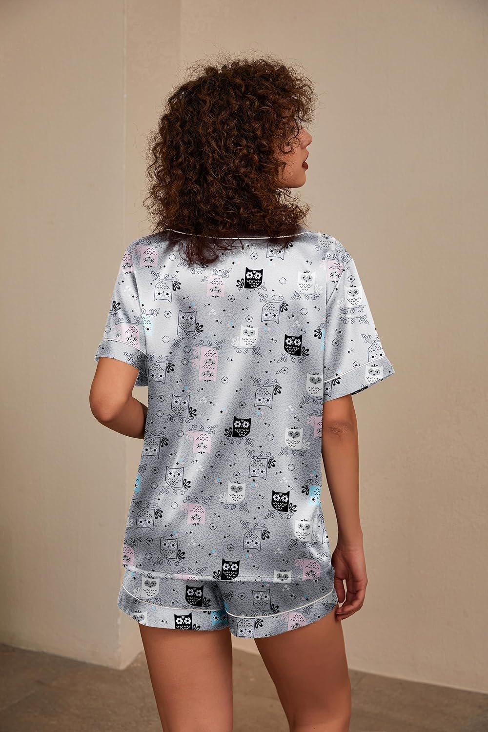 image:imageEkouaer Silk Pajama for Women Short Sleeve Satin Pj Set Two Piece Soft Sleepwear Loungewear SXXLGrey Owl