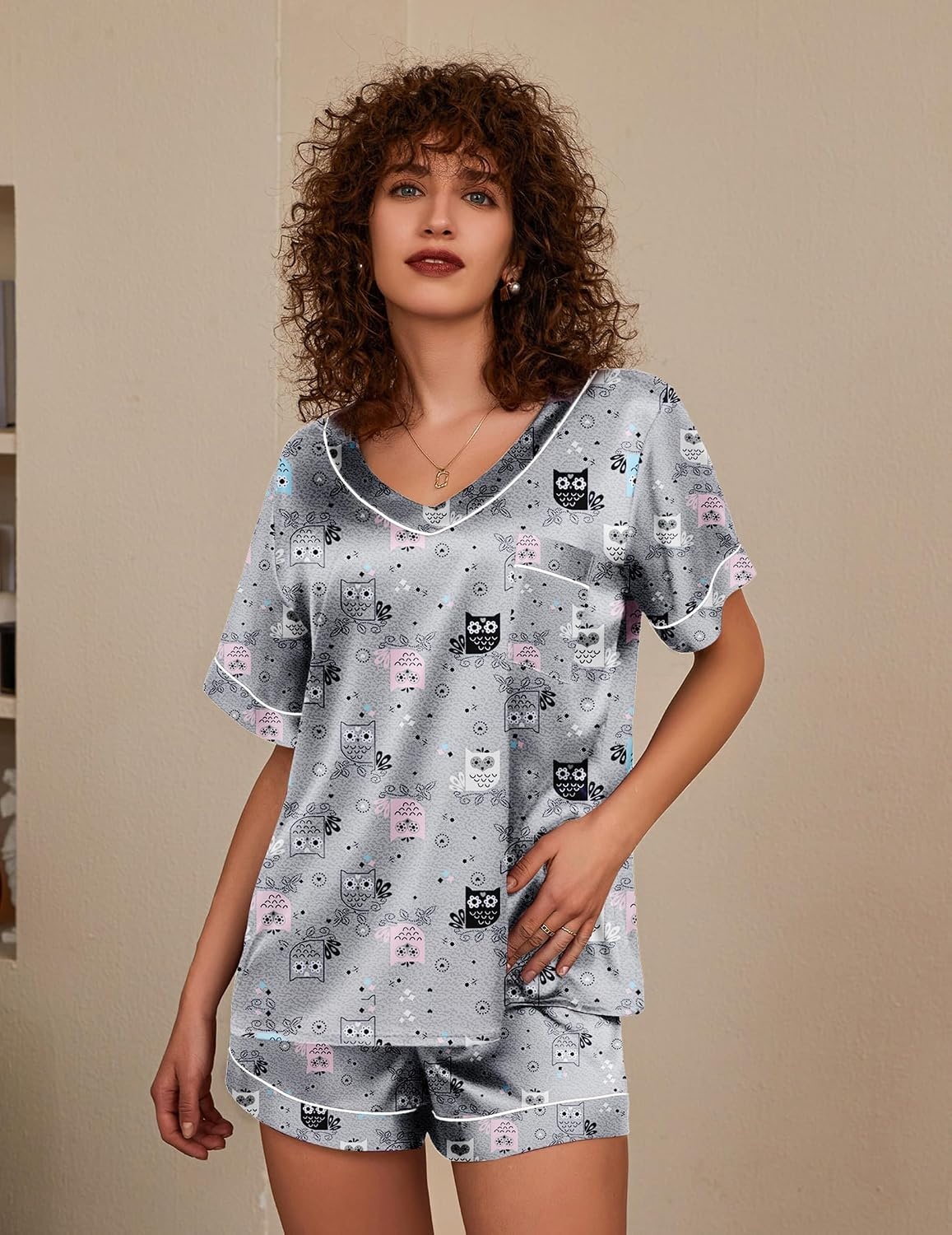 image:imageEkouaer Silk Pajama for Women Short Sleeve Satin Pj Set Two Piece Soft Sleepwear Loungewear SXXLGrey Owl