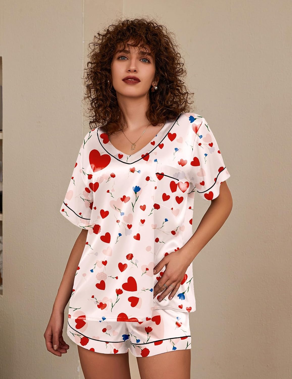 image:imageEkouaer Silk Pajama for Women Short Sleeve Satin Pj Set Two Piece Soft Sleepwear Loungewear SXXLLove Rose
