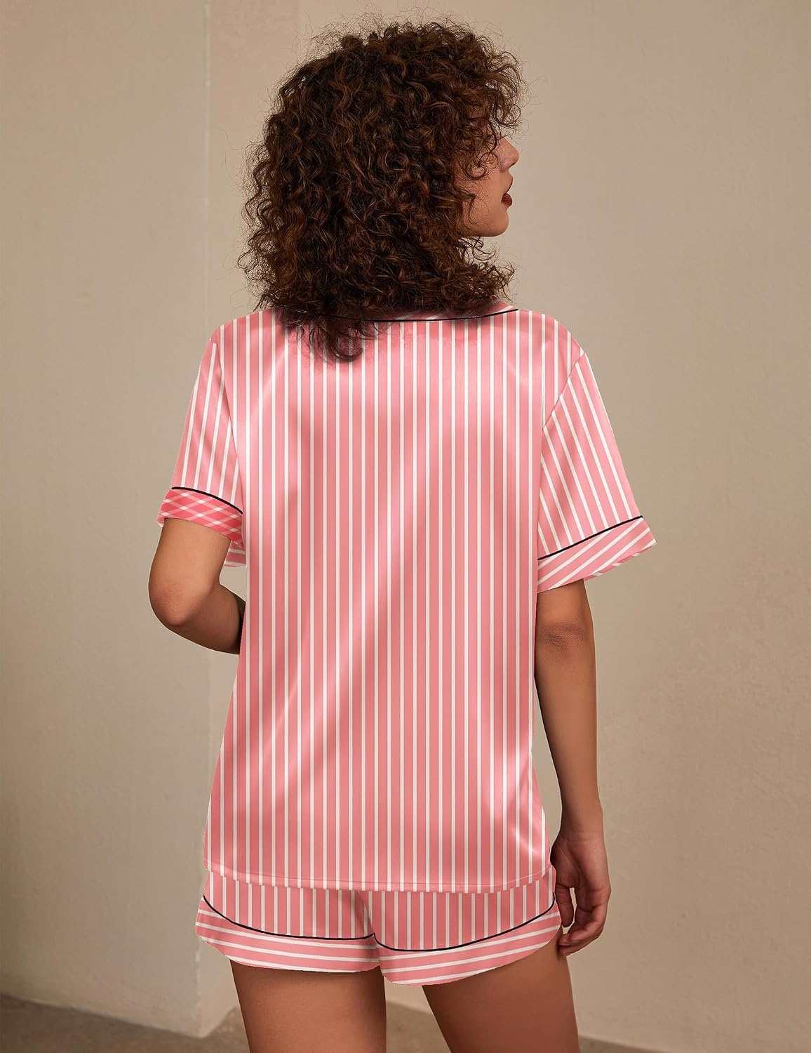 image:imageEkouaer Silk Pajama for Women Short Sleeve Satin Pj Set Two Piece Soft Sleepwear Loungewear SXXLPink Stripes