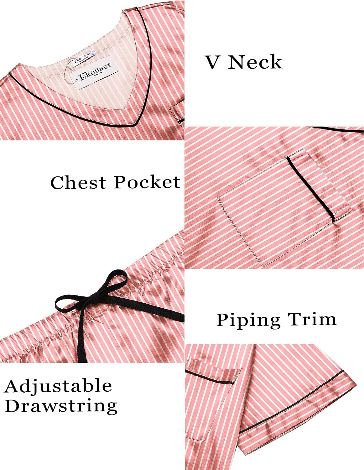 image:imageEkouaer Silk Pajama for Women Short Sleeve Satin Pj Set Two Piece Soft Sleepwear Loungewear SXXLPink Stripes
