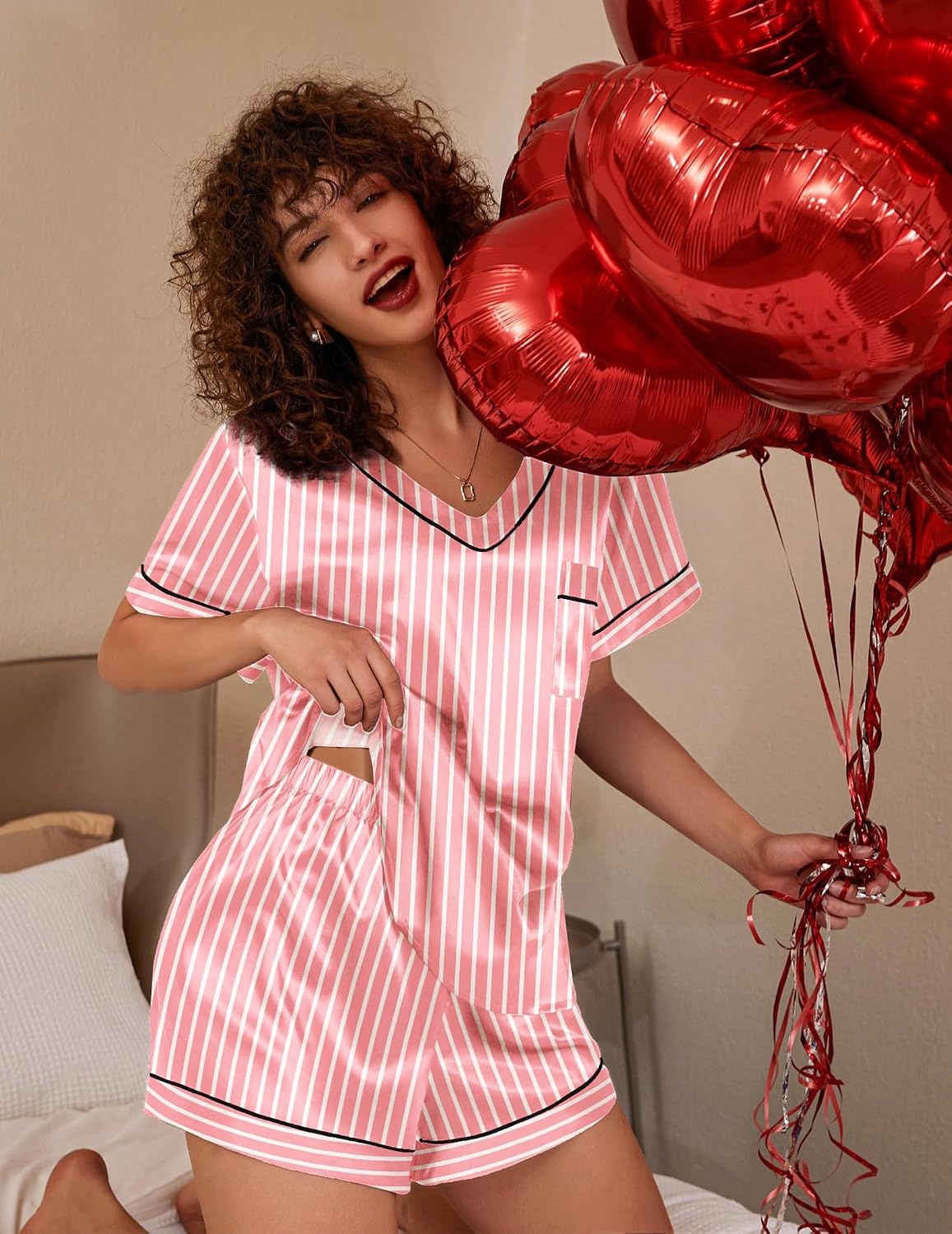 image:imageEkouaer Silk Pajama for Women Short Sleeve Satin Pj Set Two Piece Soft Sleepwear Loungewear SXXLPink Stripes