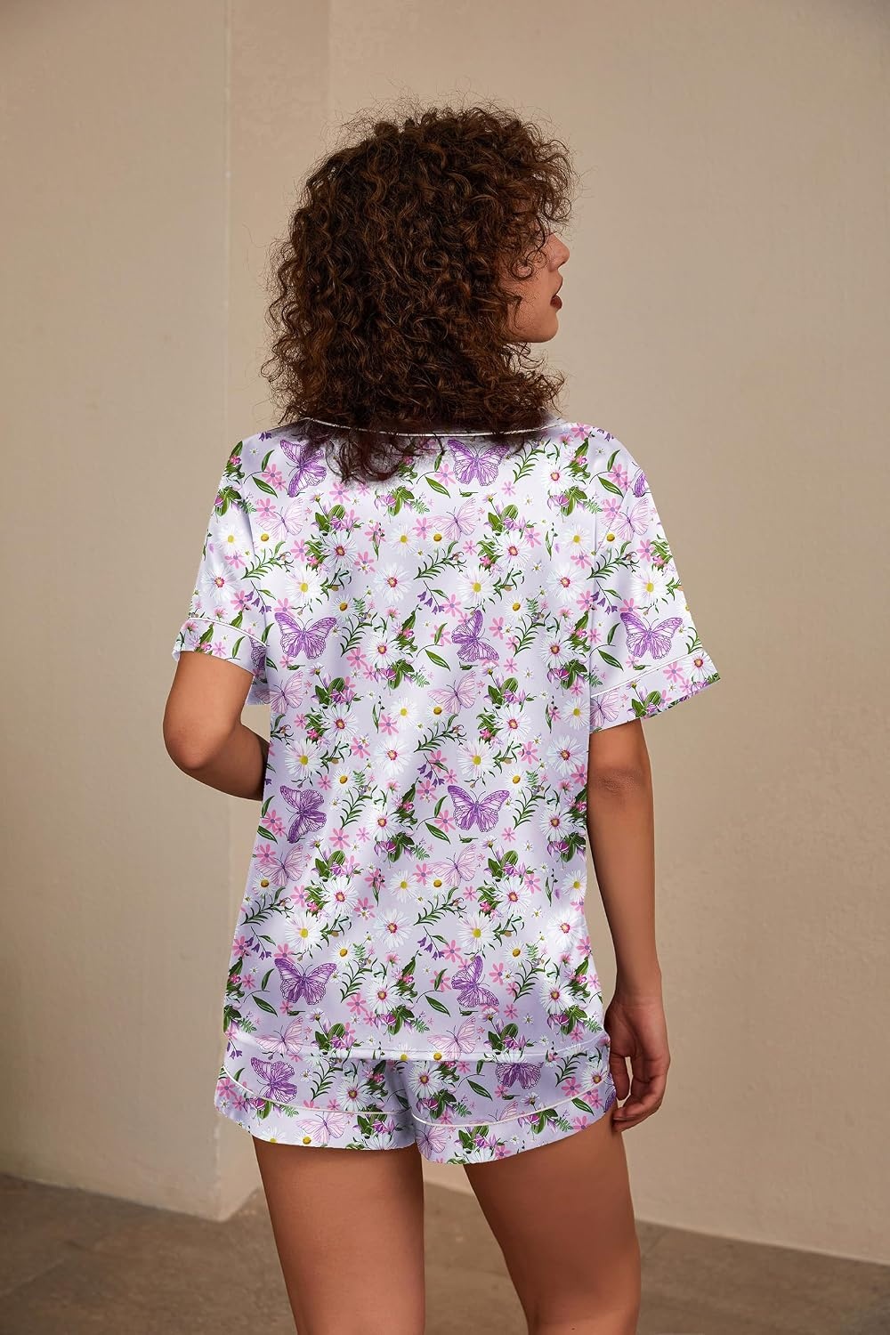 image:imageEkouaer Silk Pajama for Women Short Sleeve Satin Pj Set Two Piece Soft Sleepwear Loungewear SXXLPurple Butterfly Daisies