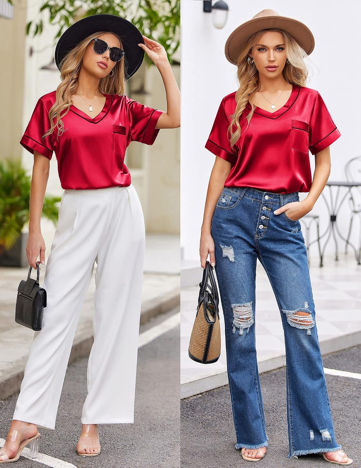 image:imageEkouaer Silk Pajama for Women Short Sleeve Satin Pj Set Two Piece Soft Sleepwear Loungewear SXXLRed
