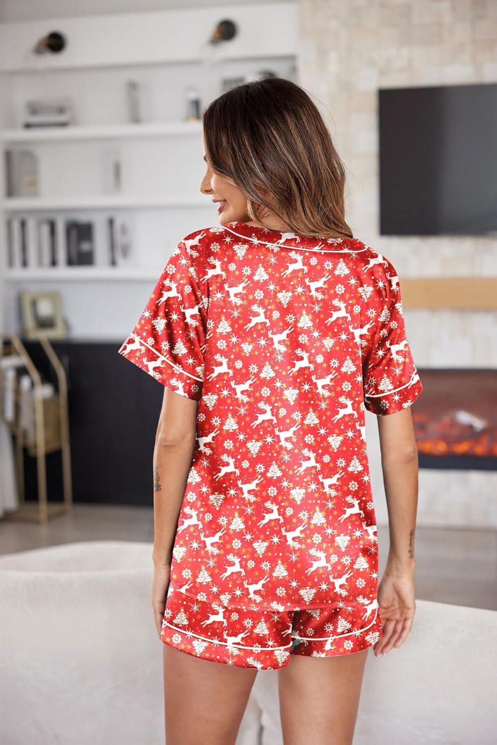 image:imageEkouaer Silk Pajama for Women Short Sleeve Satin Pj Set Two Piece Soft Sleepwear Loungewear SXXLRed Reindeer