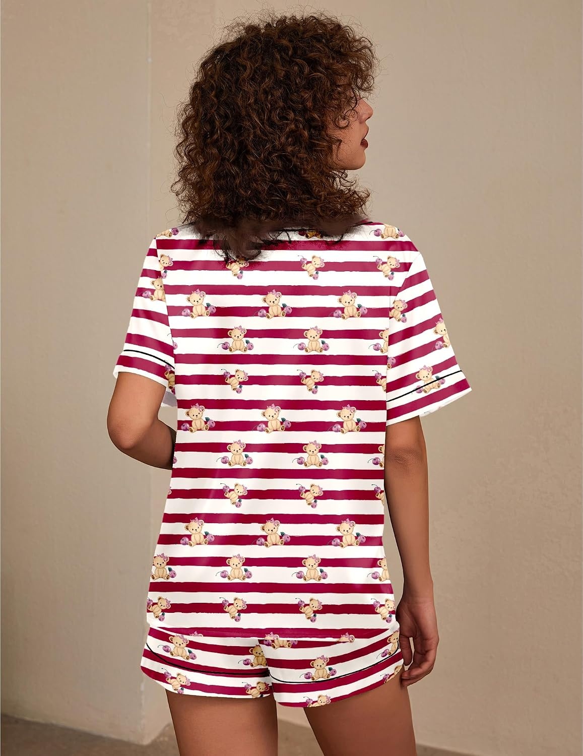 image:imageEkouaer Silk Pajama for Women Short Sleeve Satin Pj Set Two Piece Soft Sleepwear Loungewear SXXLRed Striped Teddy