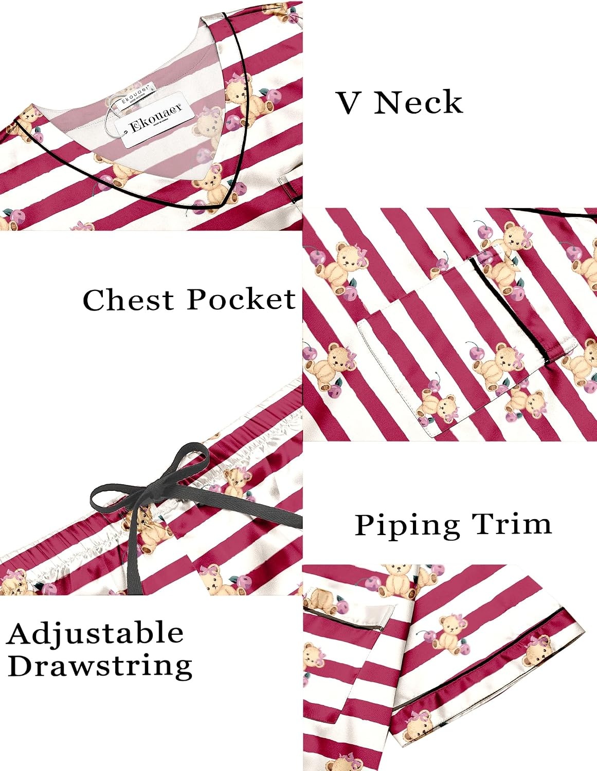 image:imageEkouaer Silk Pajama for Women Short Sleeve Satin Pj Set Two Piece Soft Sleepwear Loungewear SXXLRed Striped Teddy