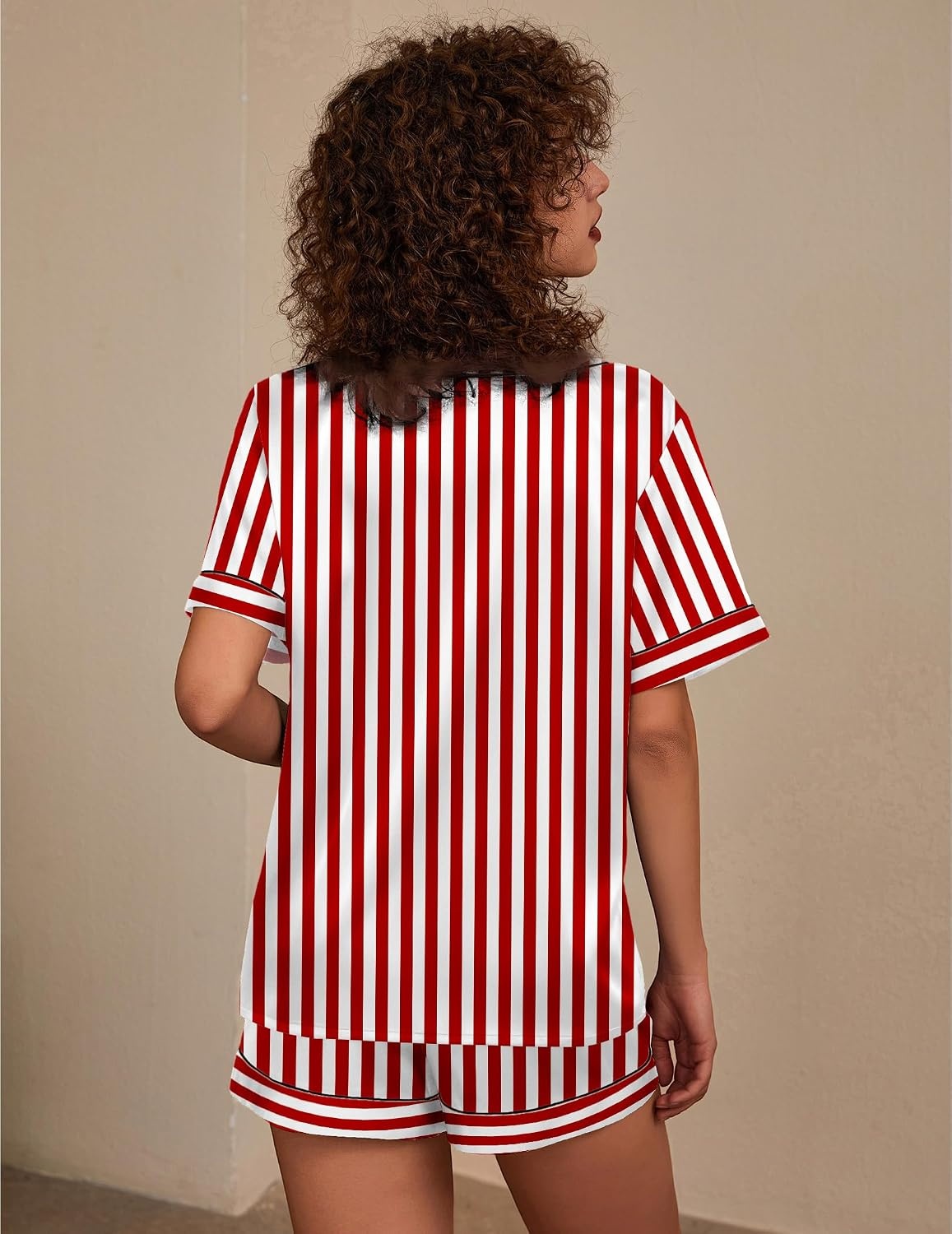 image:imageEkouaer Silk Pajama for Women Short Sleeve Satin Pj Set Two Piece Soft Sleepwear Loungewear SXXLRedwhite Stripes