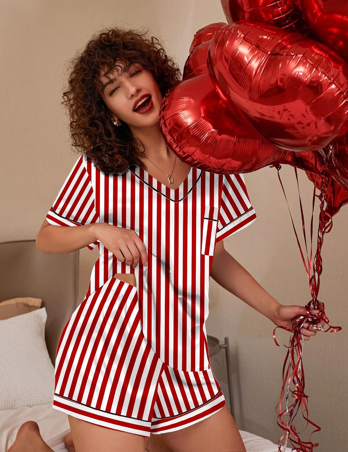 image:imageEkouaer Silk Pajama for Women Short Sleeve Satin Pj Set Two Piece Soft Sleepwear Loungewear SXXLRedwhite Stripes