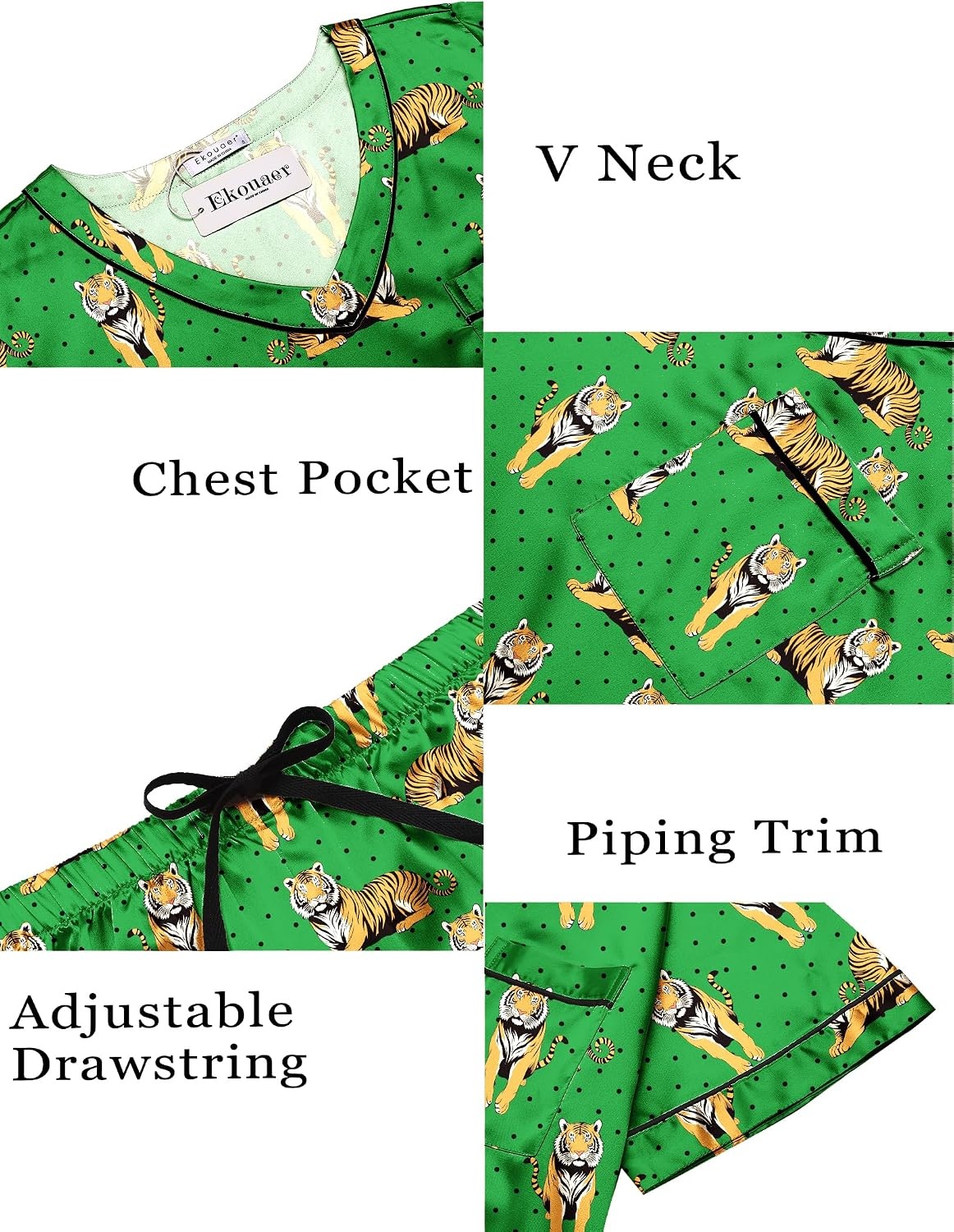 image:imageEkouaer Silk Pajama for Women Short Sleeve Satin Pj Set Two Piece Soft Sleepwear Loungewear SXXLTiger Polka Dots