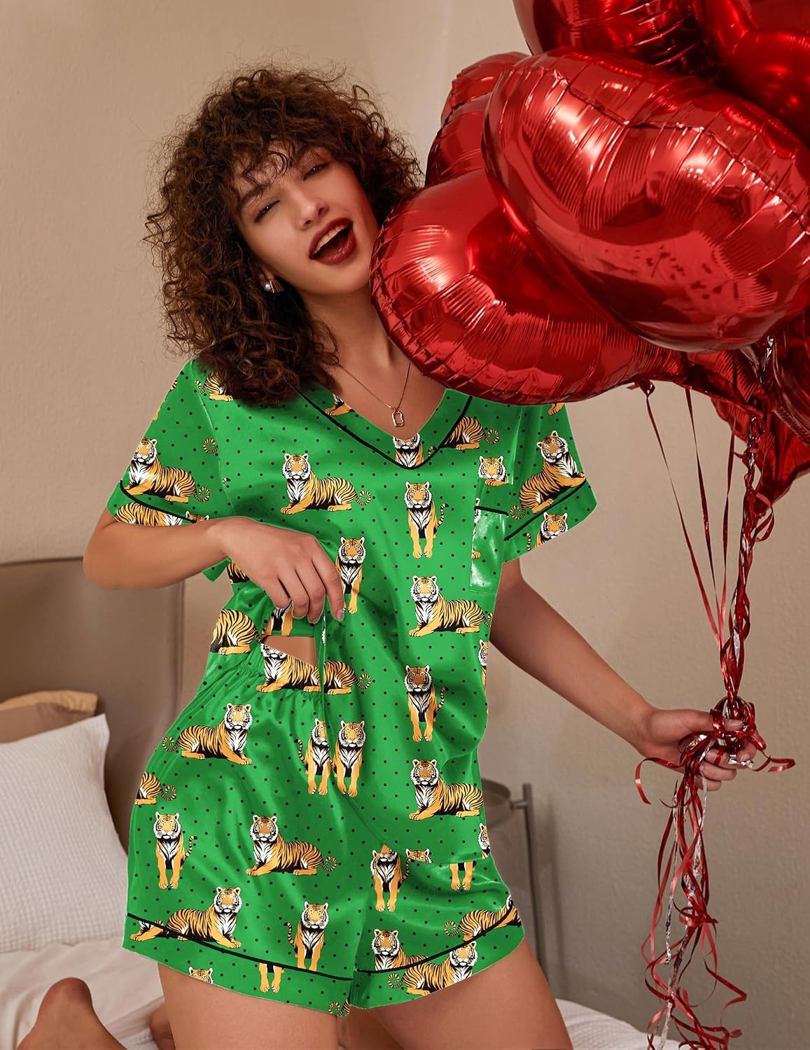 image:imageEkouaer Silk Pajama for Women Short Sleeve Satin Pj Set Two Piece Soft Sleepwear Loungewear SXXLTiger Polka Dots