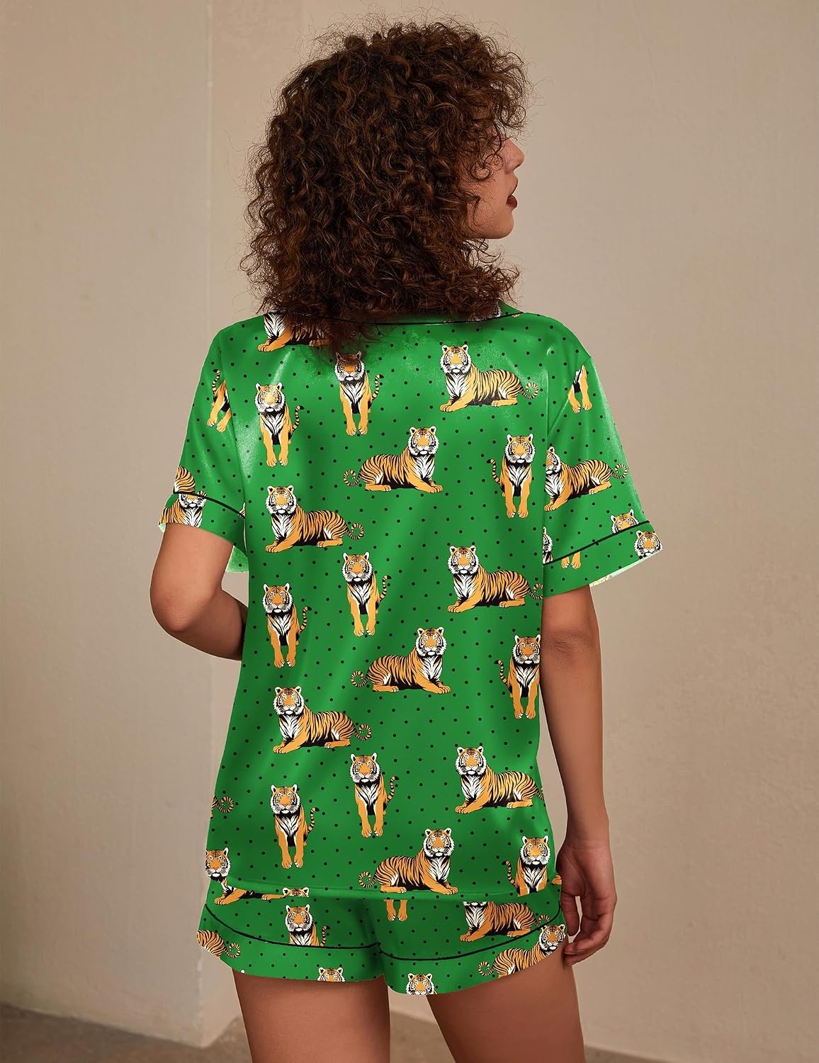 image:imageEkouaer Silk Pajama for Women Short Sleeve Satin Pj Set Two Piece Soft Sleepwear Loungewear SXXLTiger Polka Dots