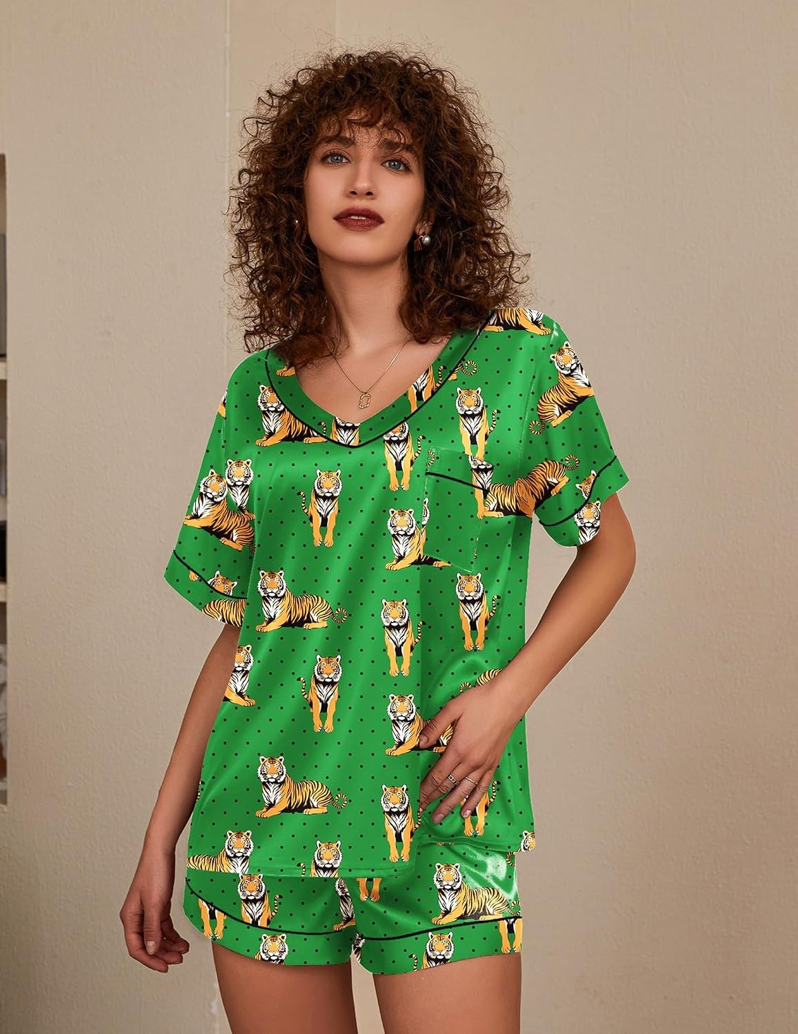 image:imageEkouaer Silk Pajama for Women Short Sleeve Satin Pj Set Two Piece Soft Sleepwear Loungewear SXXLTiger Polka Dots