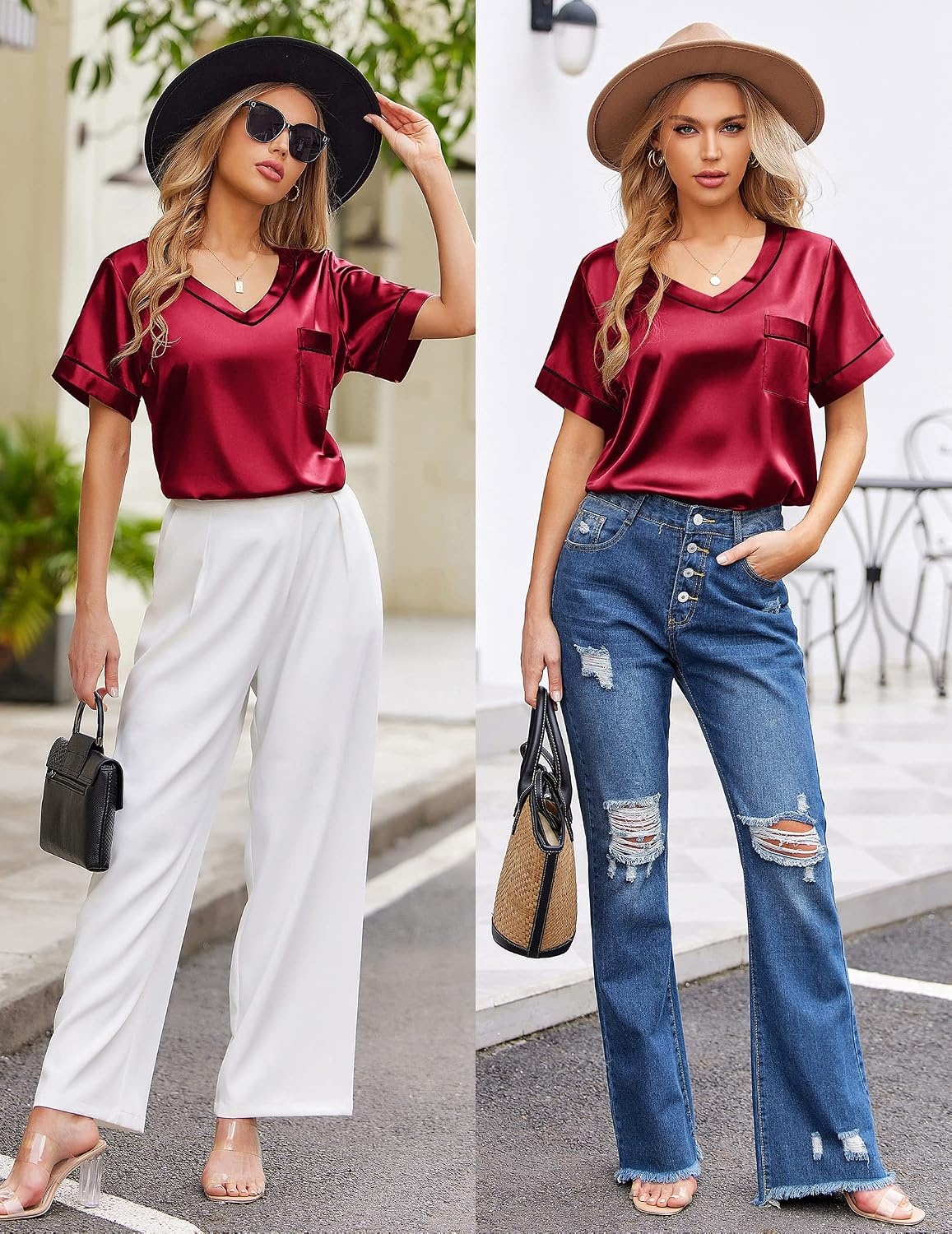 image:imageEkouaer Silk Pajama for Women Short Sleeve Satin Pj Set Two Piece Soft Sleepwear Loungewear SXXLWine Red