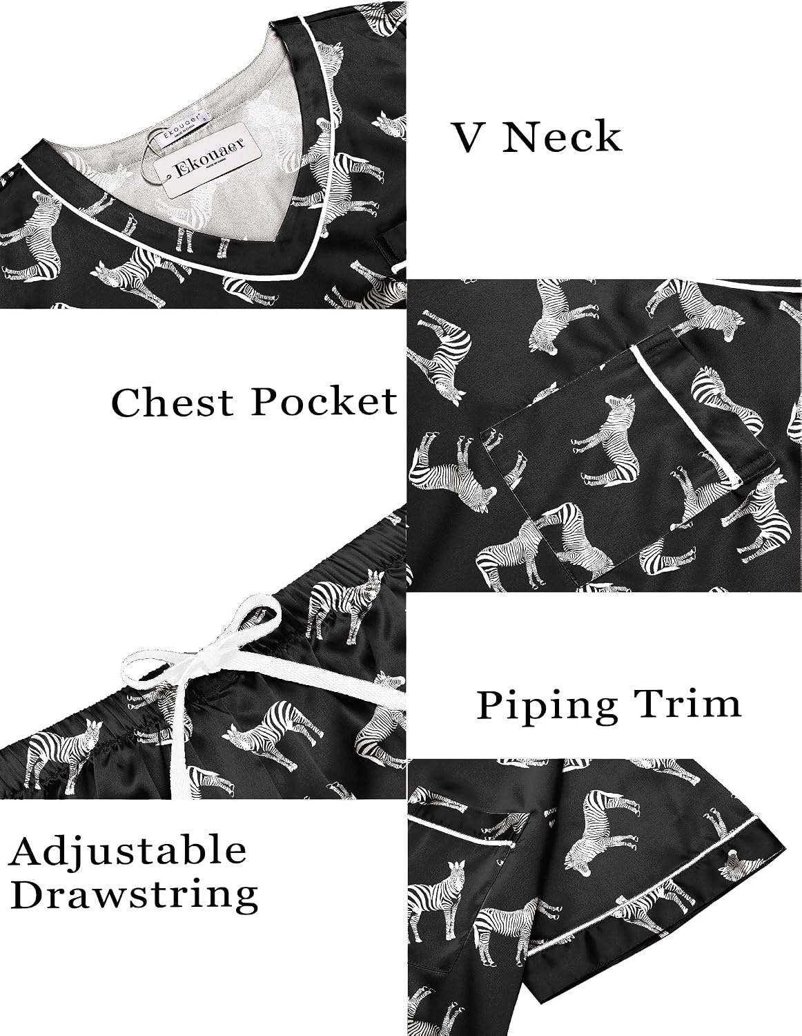 image:imageEkouaer Silk Pajama for Women Short Sleeve Satin Pj Set Two Piece Soft Sleepwear Loungewear SXXLZebra
