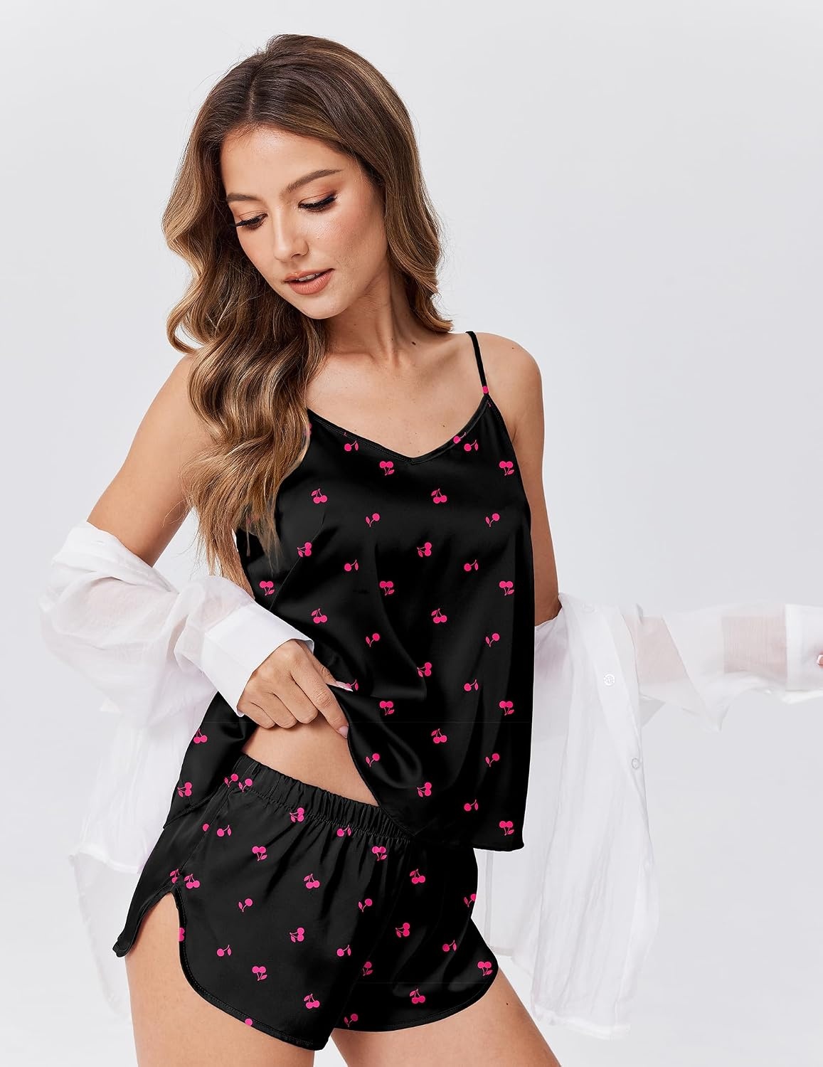 image:imageEkouaer Silk Pajamas for Women Satin Cami Pjs Set V Neck Camisole Shorts Set Adjustable Strap SleepwearBlack Cherry