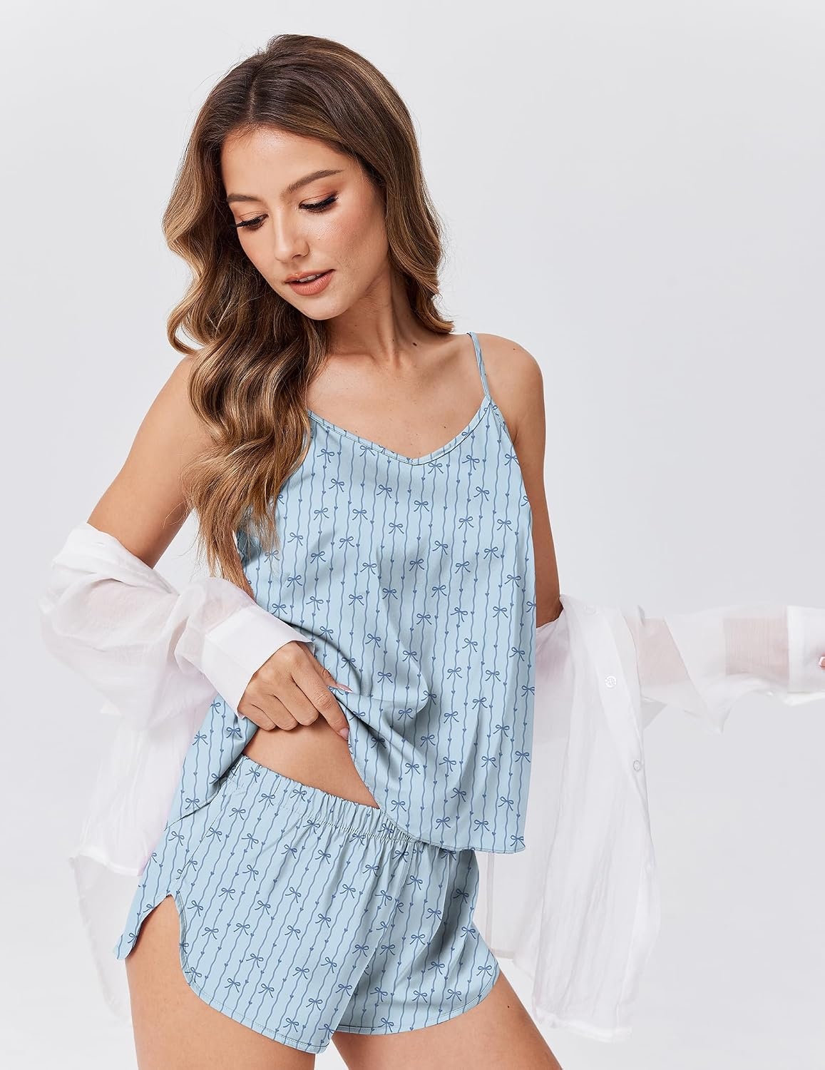 image:imageEkouaer Silk Pajamas for Women Satin Cami Pjs Set V Neck Camisole Shorts Set Adjustable Strap SleepwearBlue Stripe Bow Knot