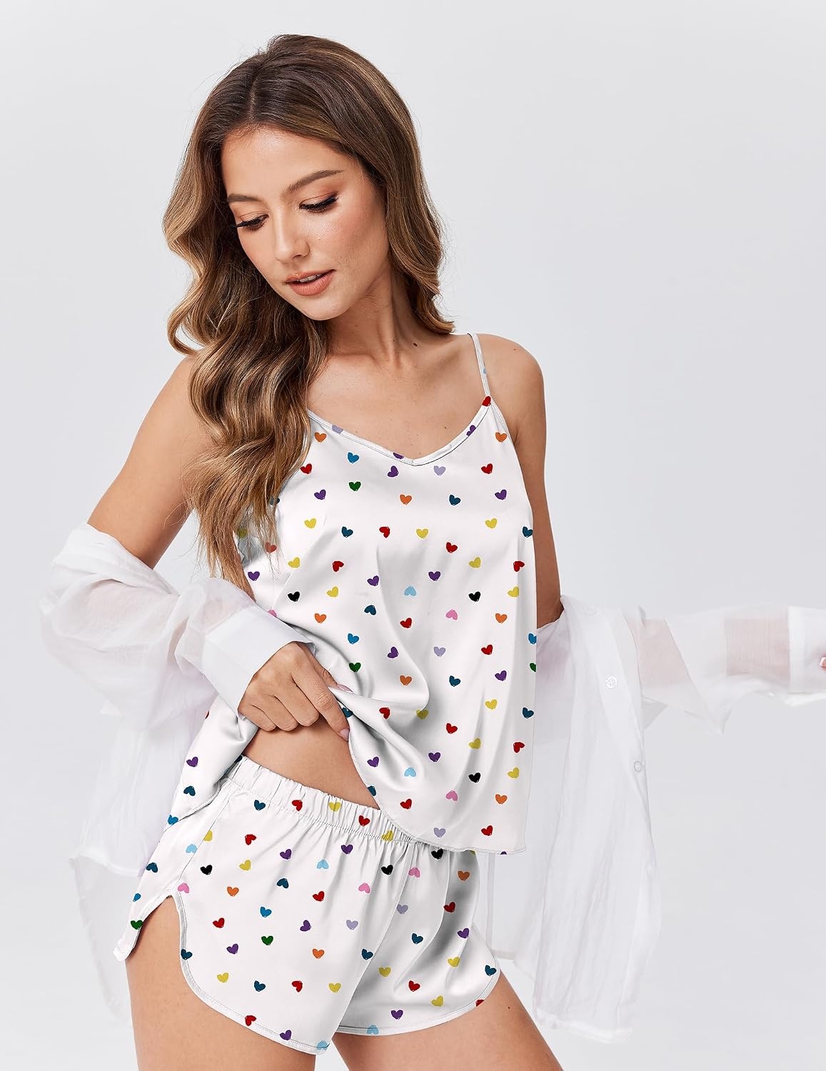 image:imageEkouaer Silk Pajamas for Women Satin Cami Pjs Set V Neck Camisole Shorts Set Adjustable Strap SleepwearWhite Heart