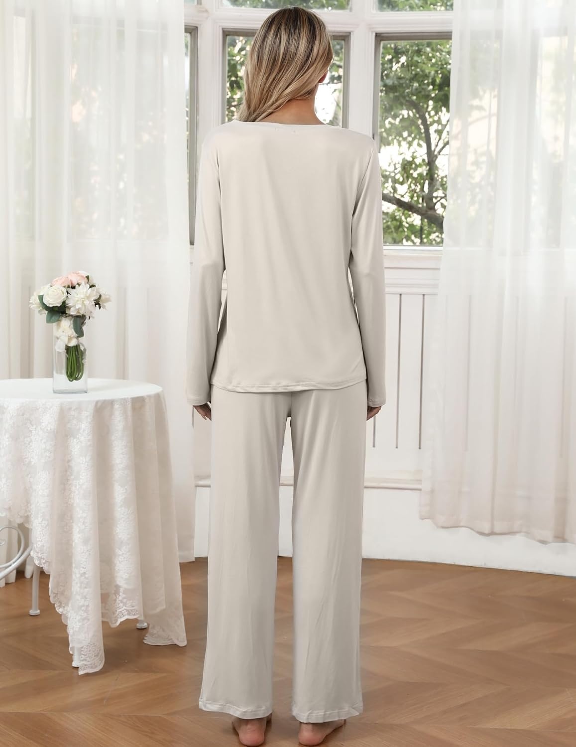 image:imageEkouaer Womens 2 Pack Pajama Set Long Sleeve Pajamas Top and Pants V Neck Pjs Set Soft Loungewear with PocketsGrey Coffee black Print