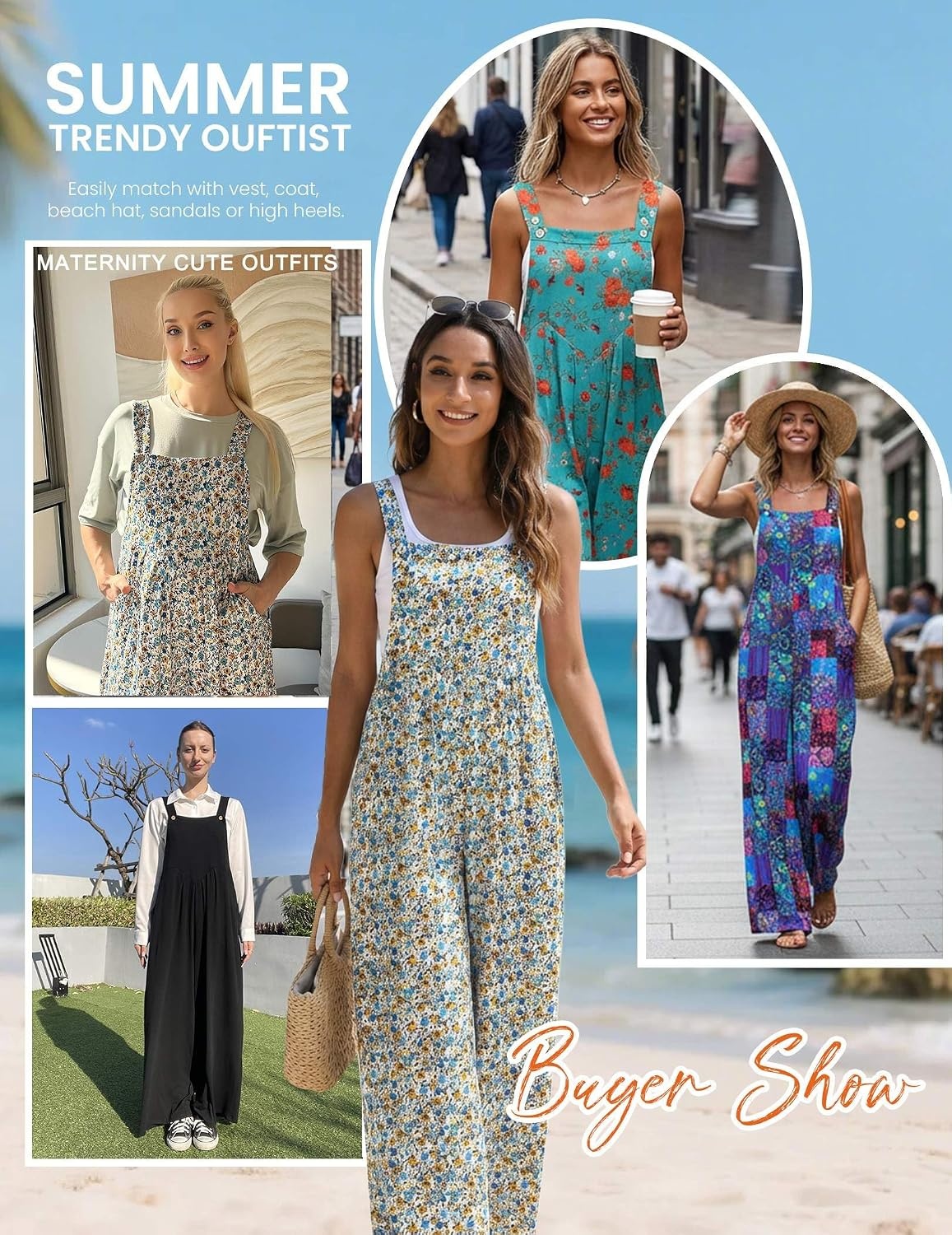 image:imageEkouaer Womens Casual Overalls Loose Wide Leg Jumpsuits Summer Boho Floral Printed Baggy Rompers with PocketsGreen White Leaves