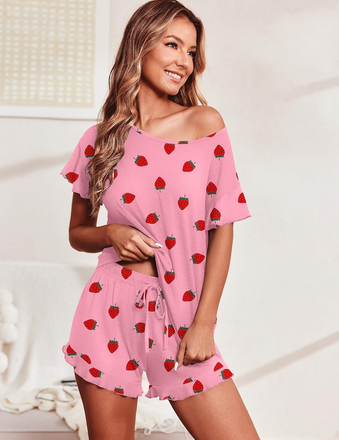 image:imageEkouaer Womens Pajama Set Ruffle Sleeves Top and Short Soft 2 Piece Loungewear SetPink Strawberry