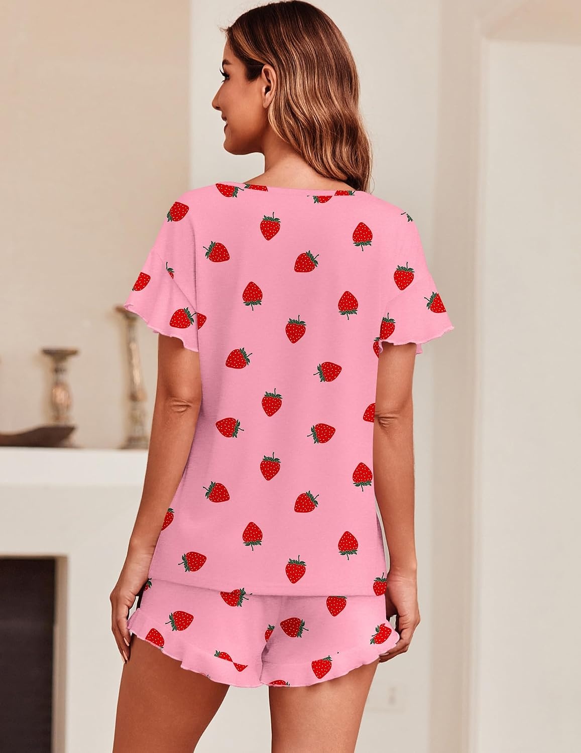 image:imageEkouaer Womens Pajama Set Ruffle Sleeves Top and Short Soft 2 Piece Loungewear SetPink Strawberry
