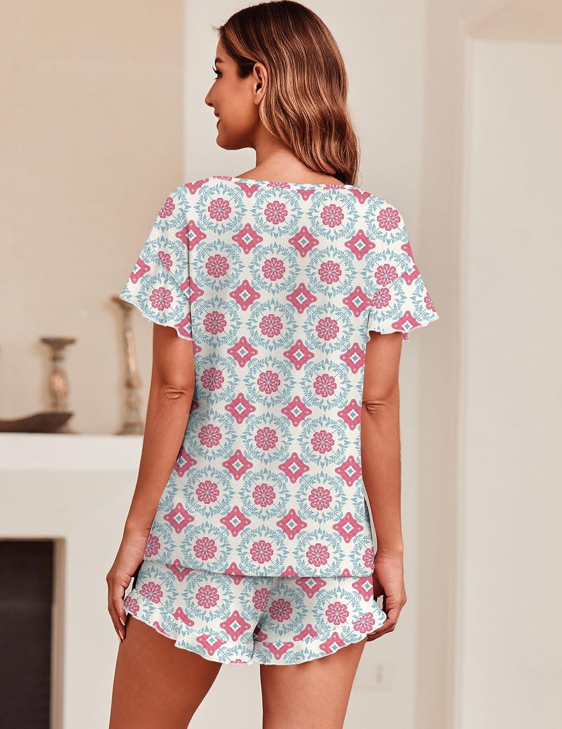 image:imageEkouaer Womens Pajama Set Ruffle Sleeves Top and Short Soft 2 Piece Loungewear SetSilhouette Flower Leaves