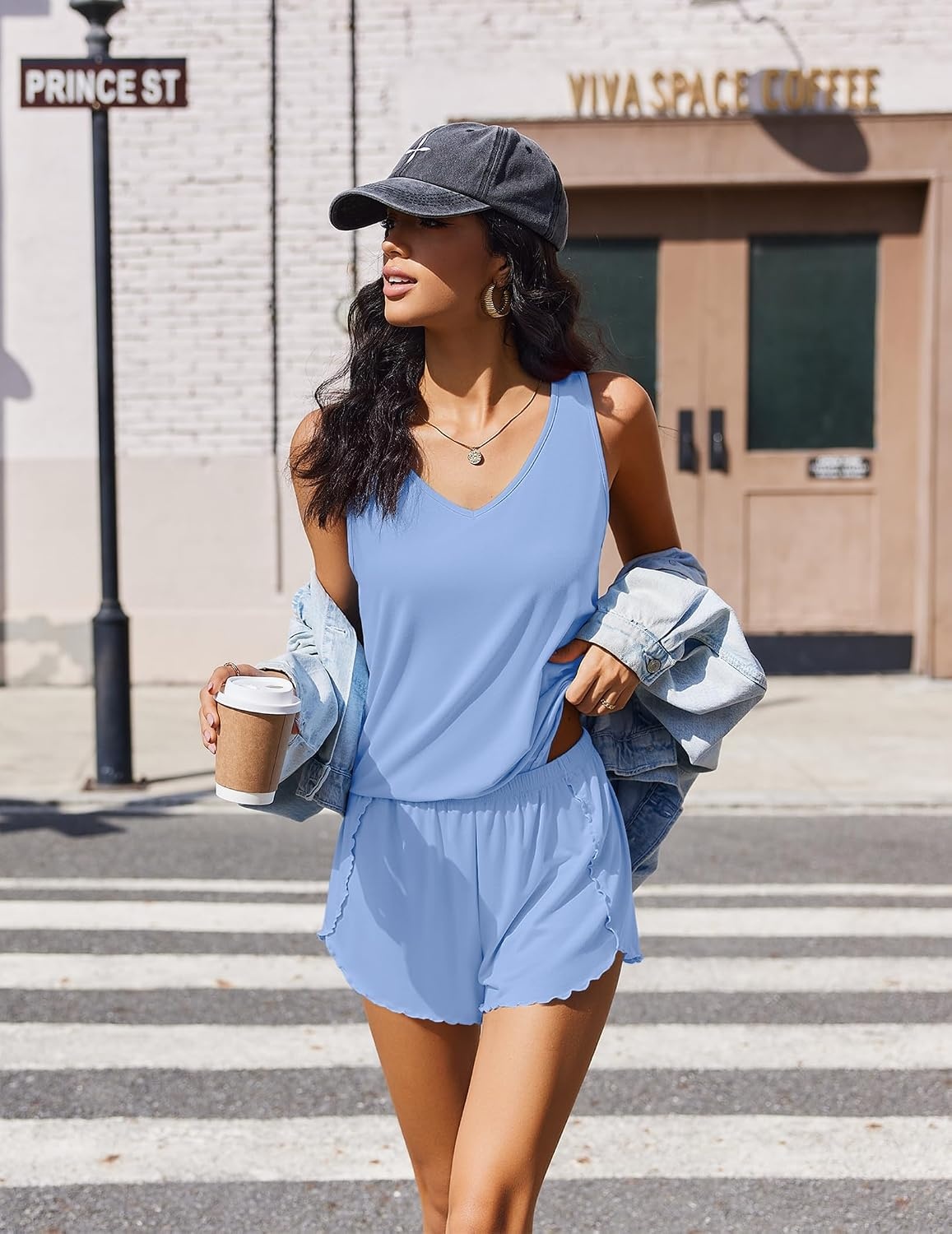 image:imageEkouaer Womens Pajama Sets Cami Shorts Set Viscose from Bamboo Tank Top and Shorts 2 Piece Soft Sleeveless Lounge SetBaby Blue